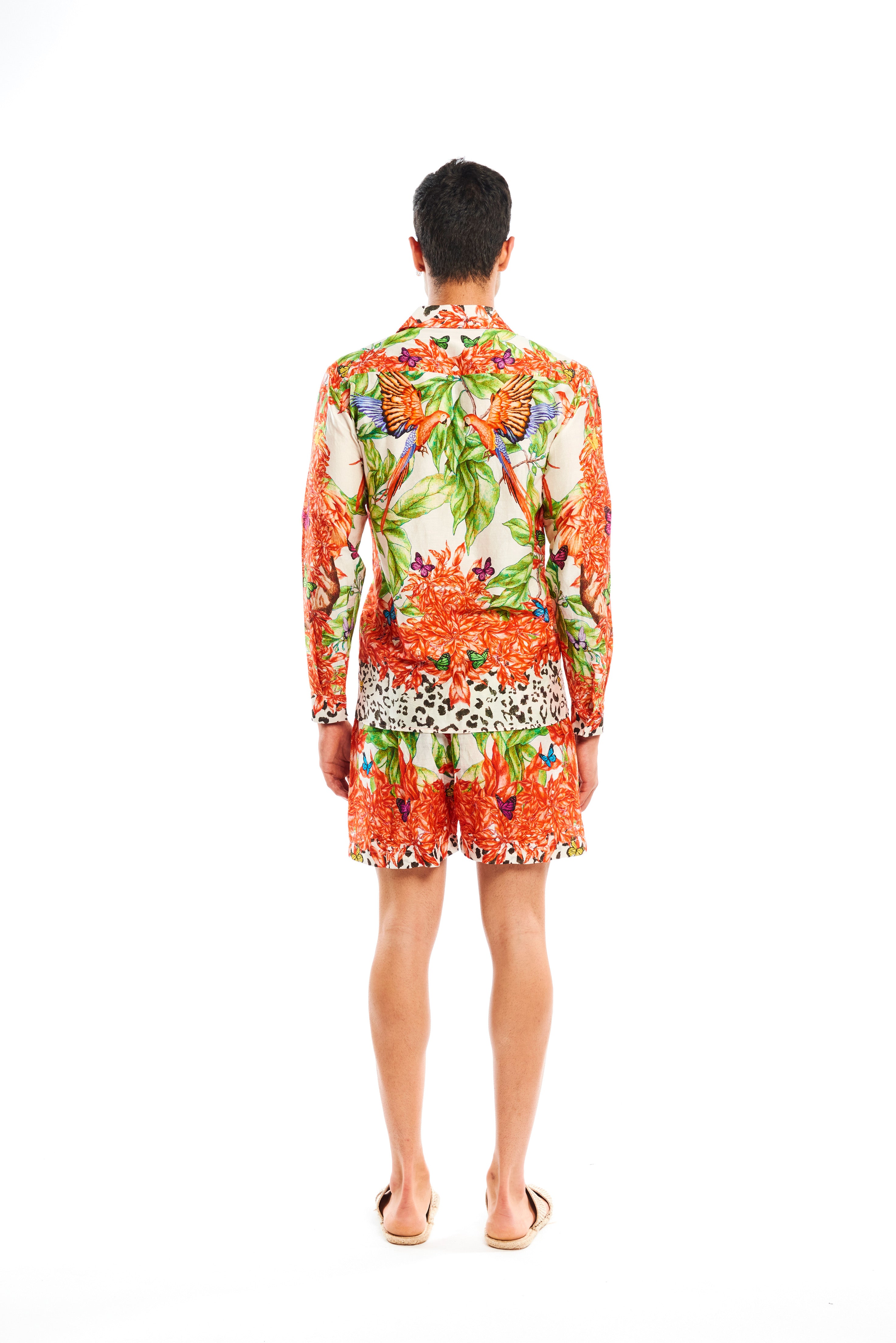 Lounge shorts in Jungle Sunset print, linen satin