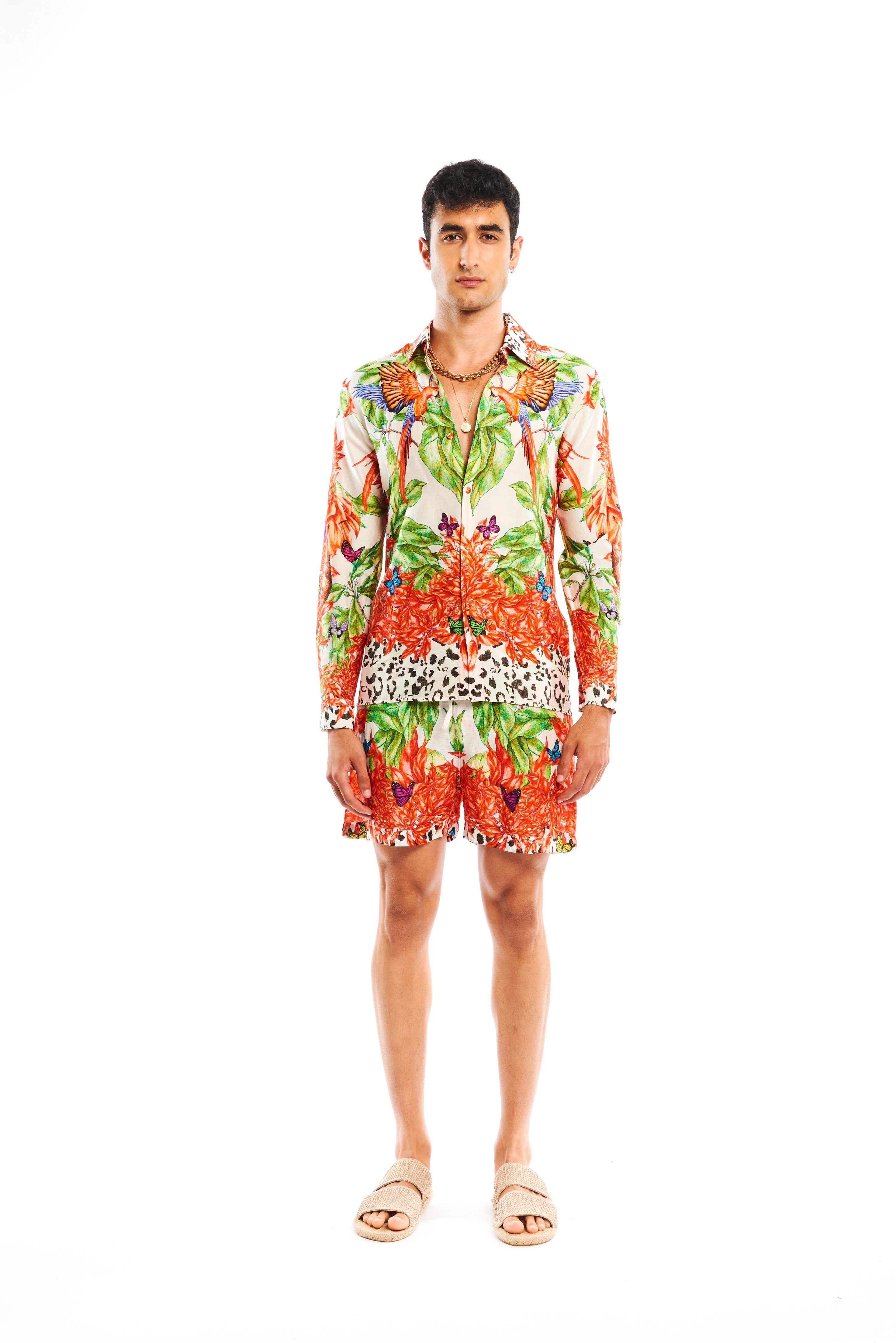 Lounge shorts in Jungle Sunset print, linen satin