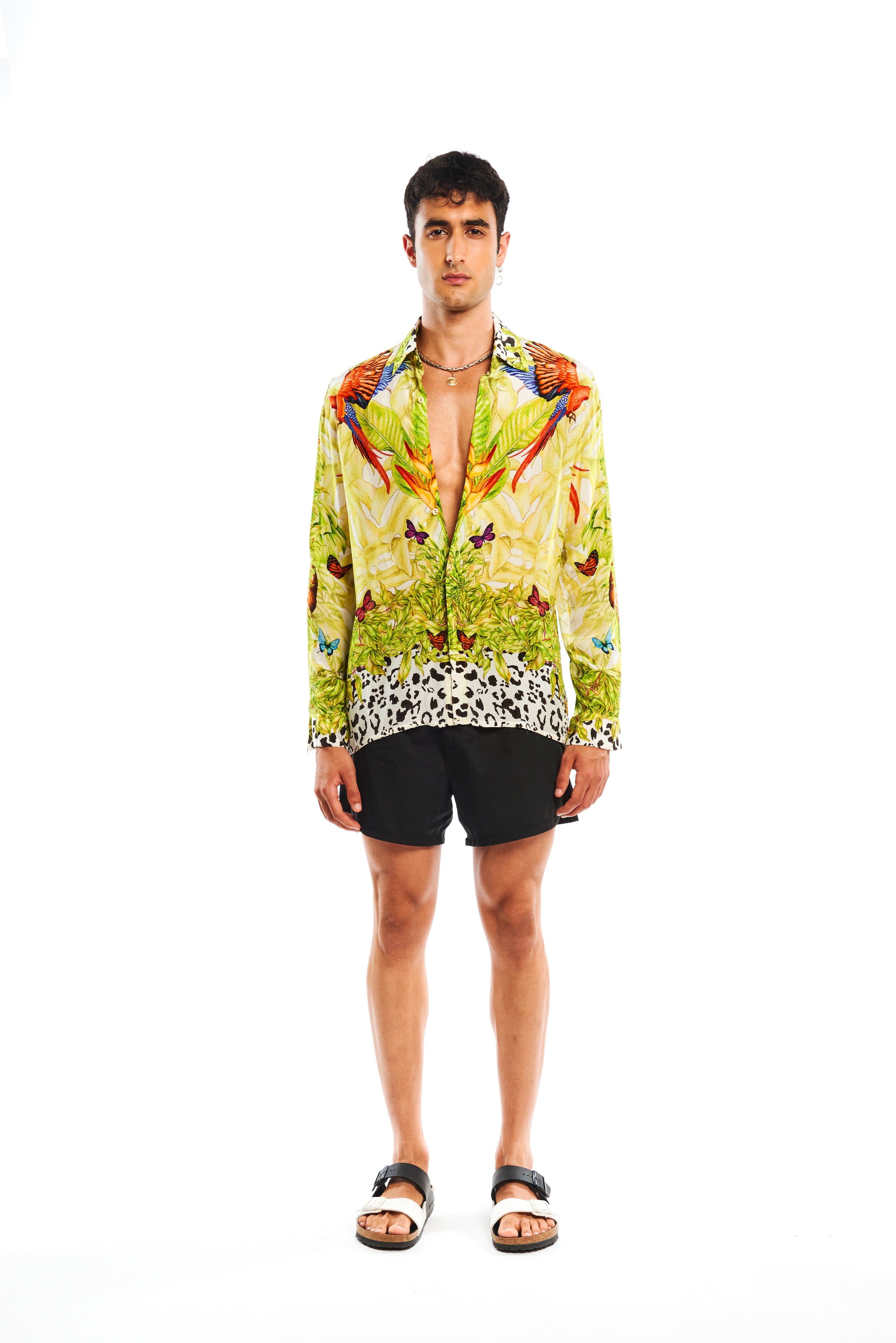 Full sleeve shirt in Jungle Day print, natural crepe