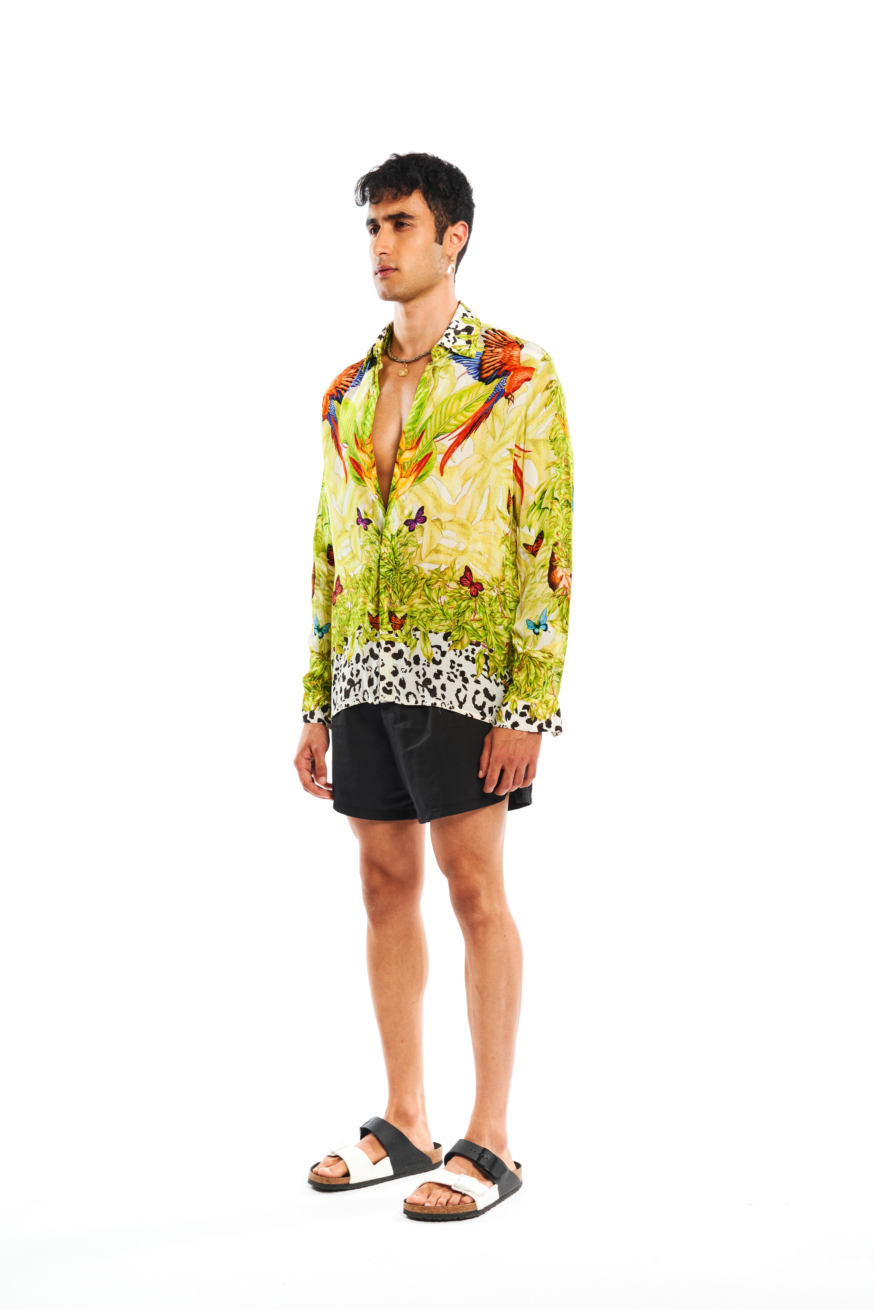 Full sleeve shirt in Jungle Day print, natural crepe