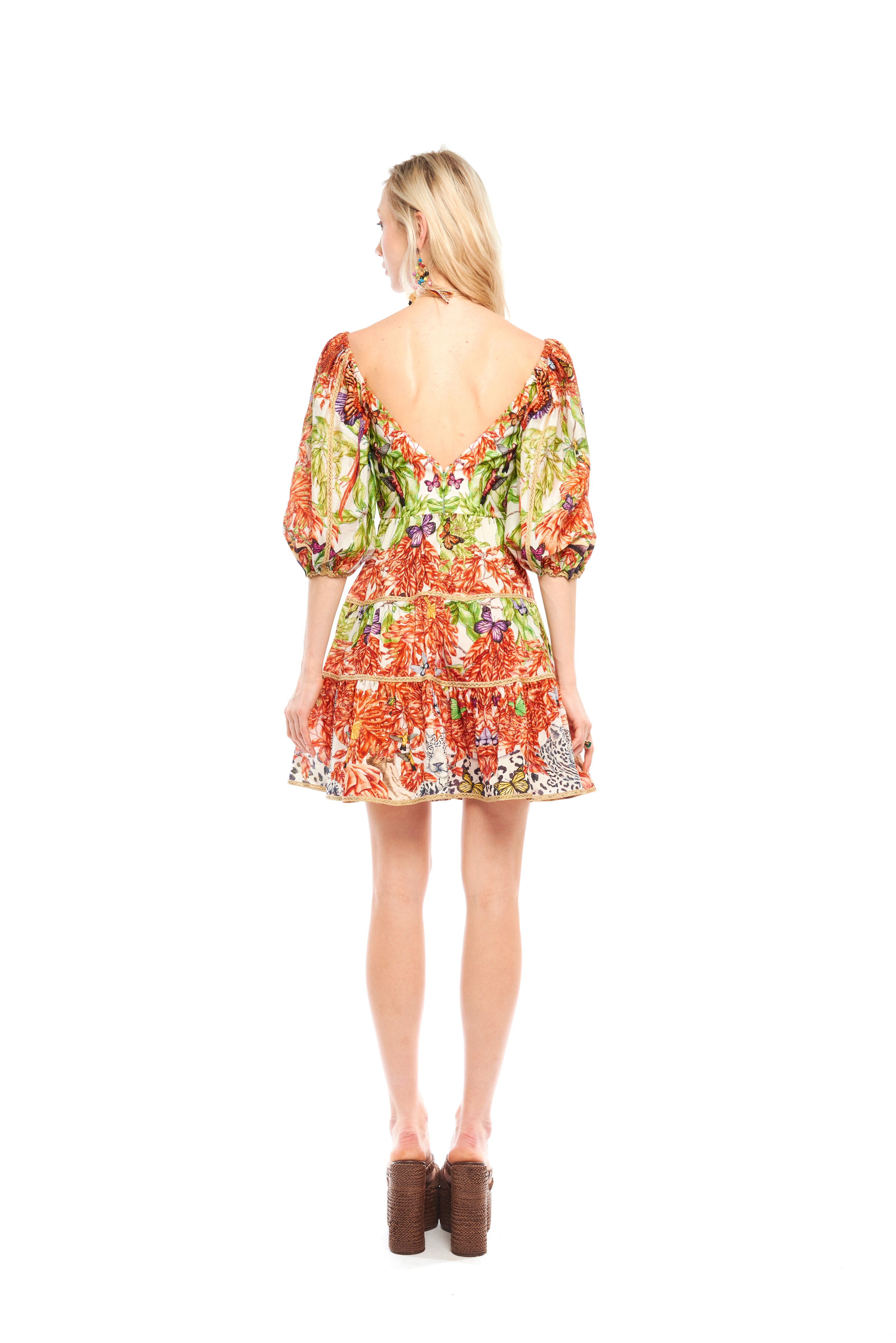 Sweetheart Curl Layer Mini Dress Jungle Sunset in chandery fabric