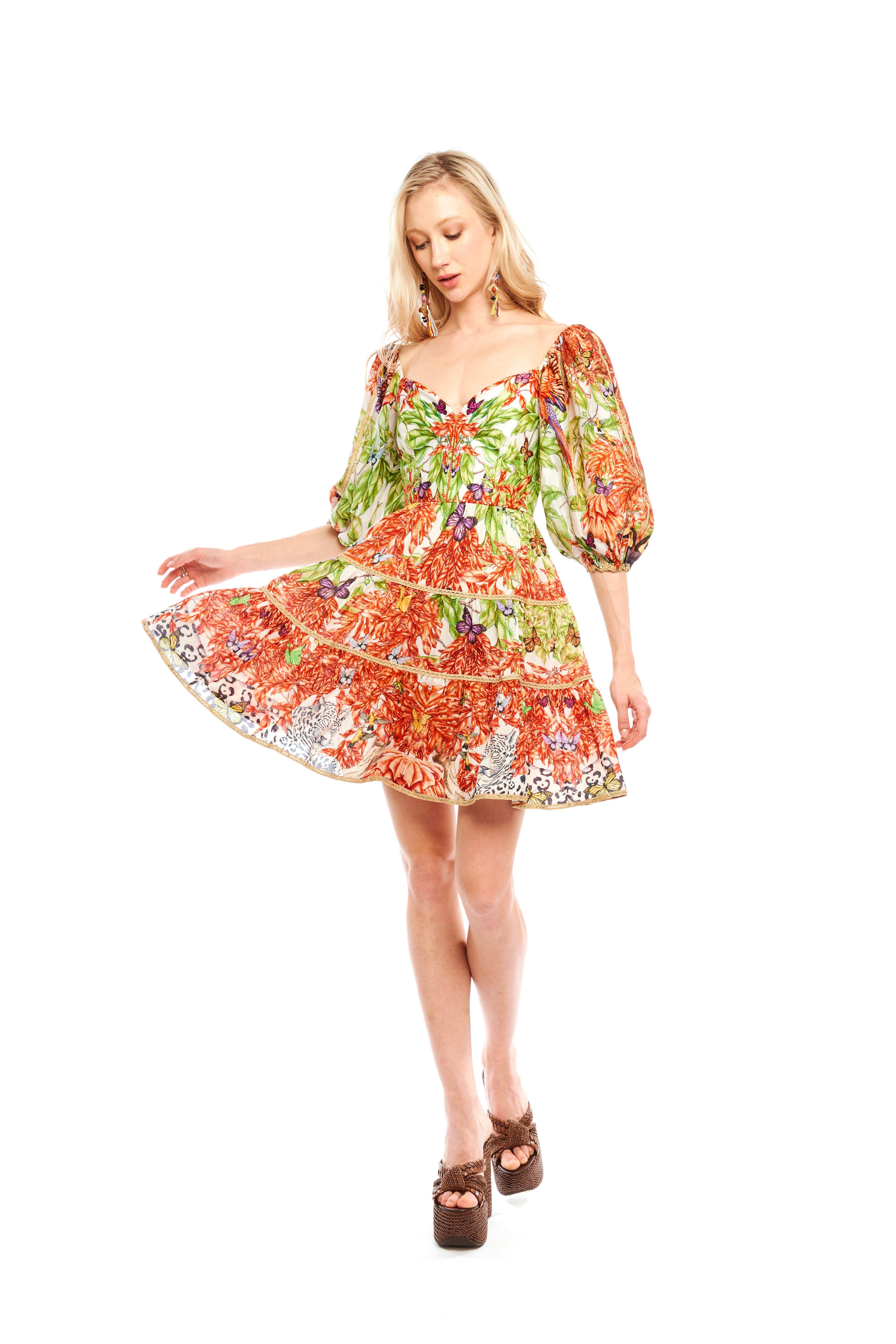 Sweetheart Curl Layer Mini Dress Jungle Sunset in chandery fabric