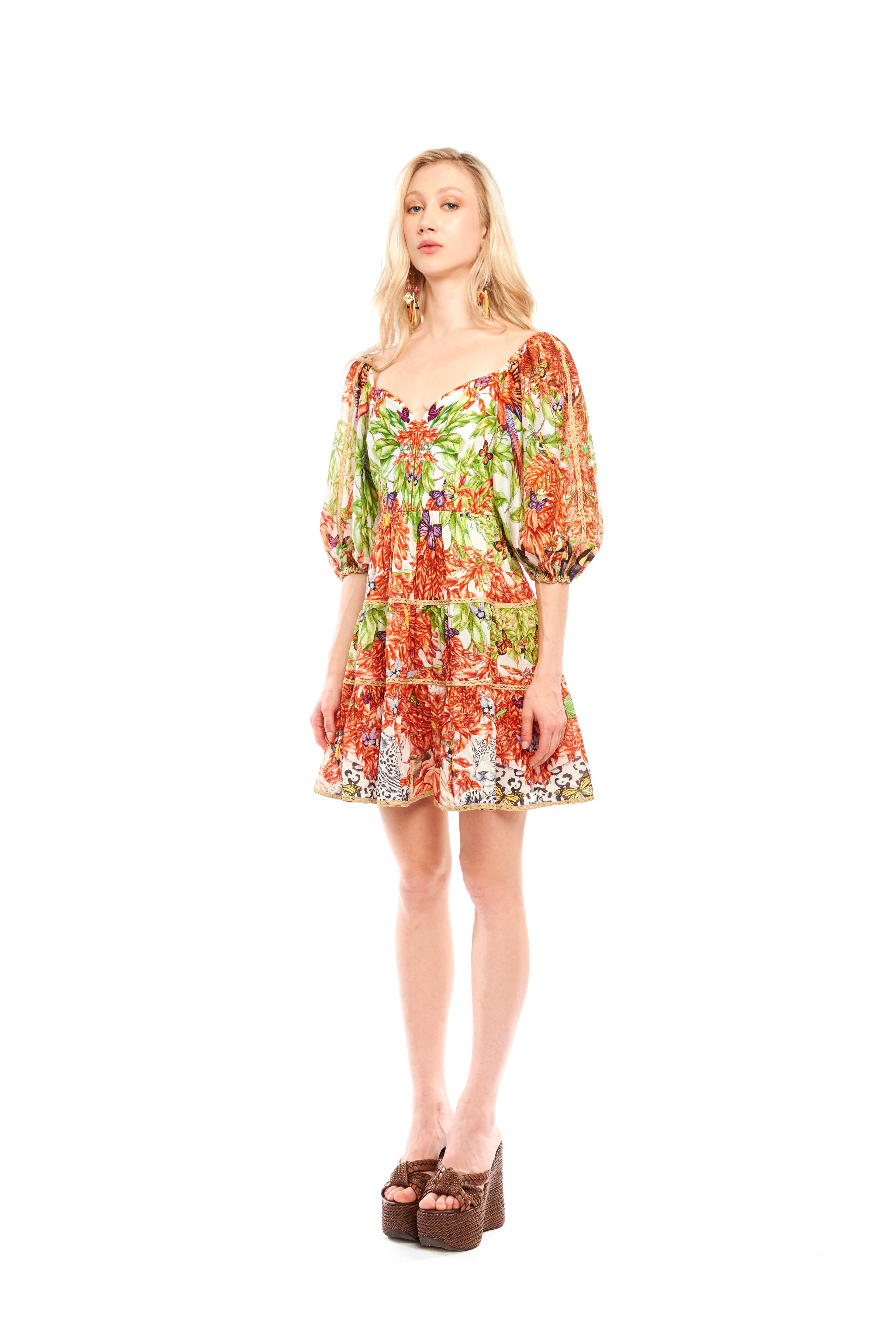 Sweetheart Curl Layer Mini Dress Jungle Sunset in chandery fabric