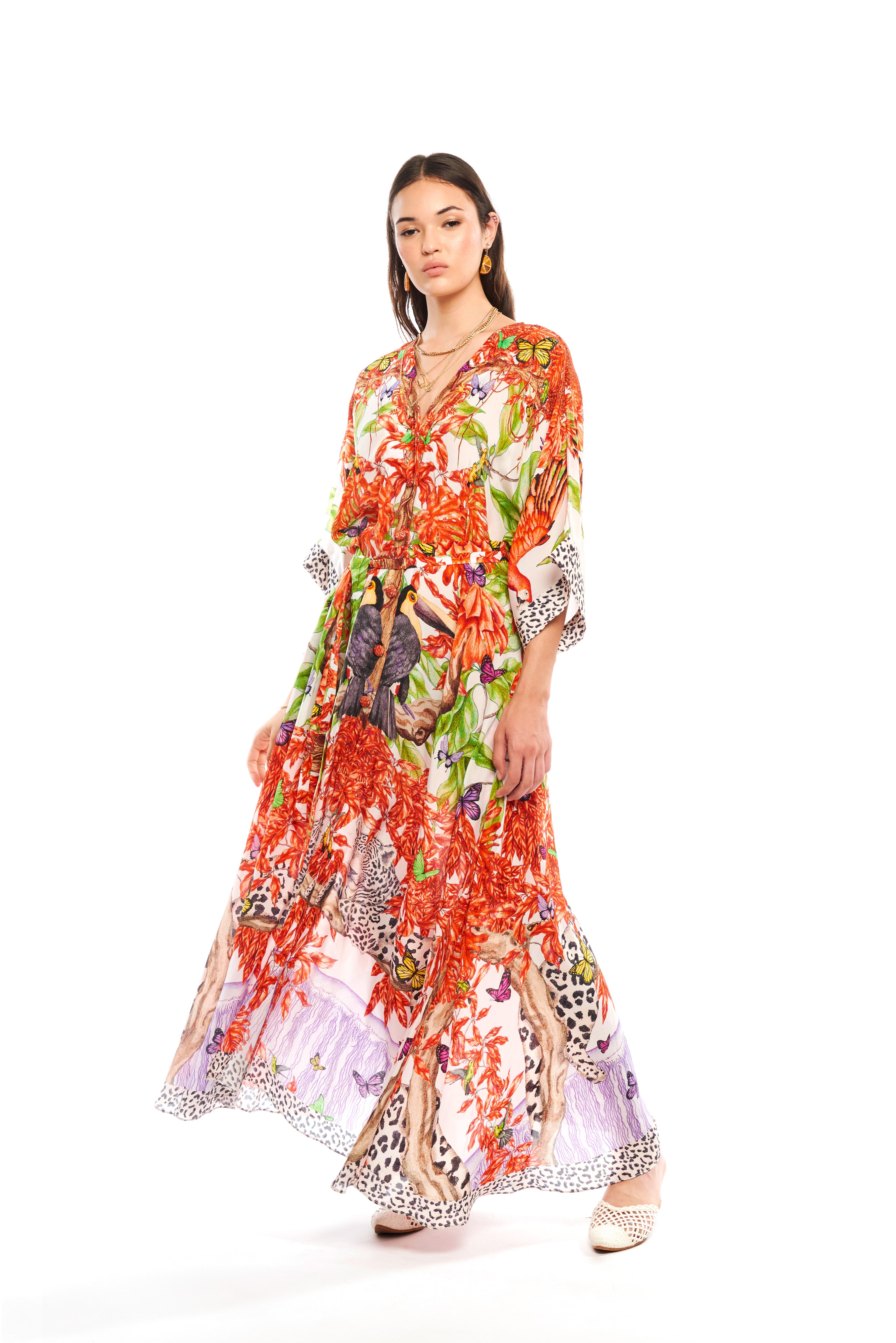 Kimono Cover Up Jungle Sunset in natural crepe