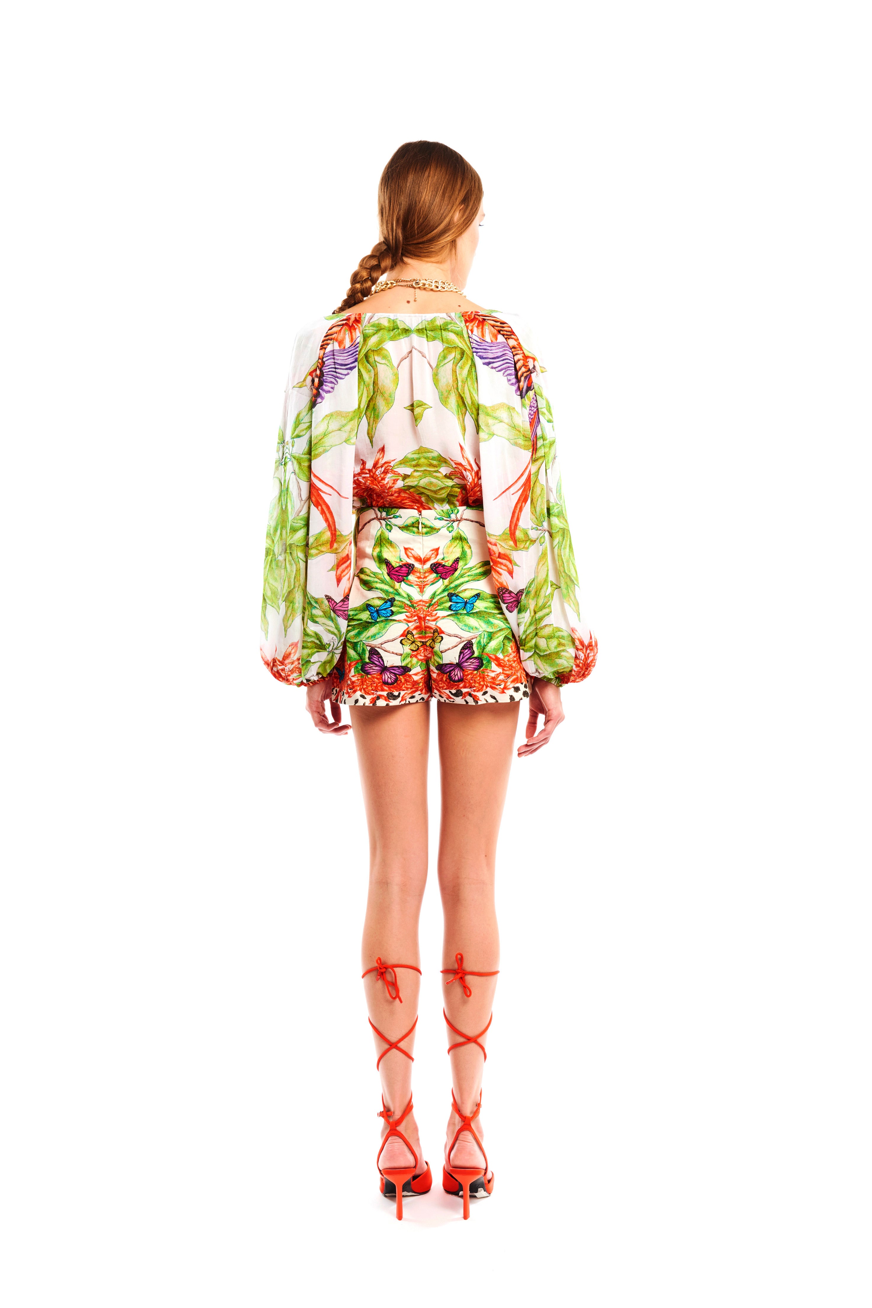 Pleated Baloon Arms Blouse Jungle Sunset in georgette satin