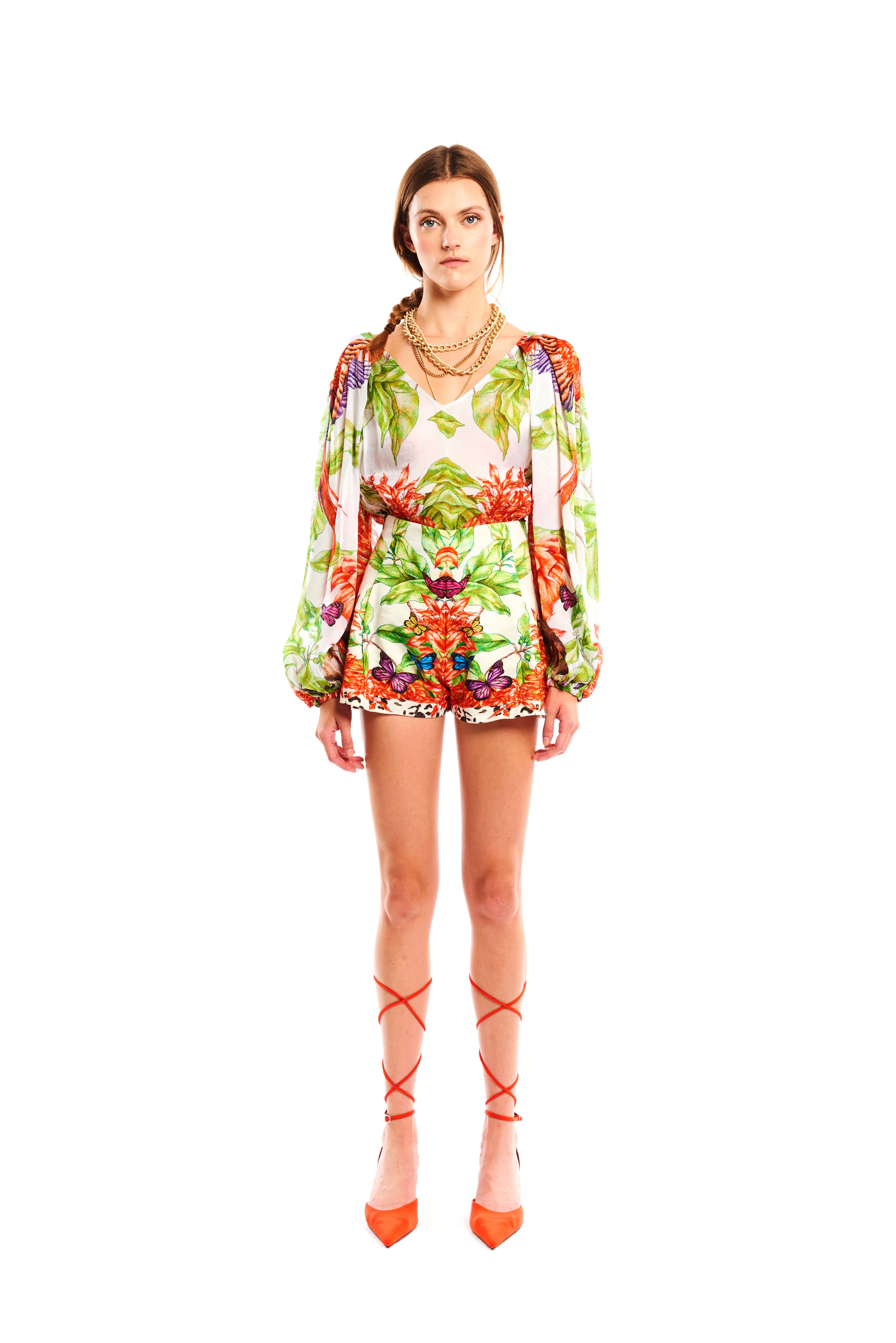 Pleated Baloon Arms Blouse Jungle Sunset in georgette satin