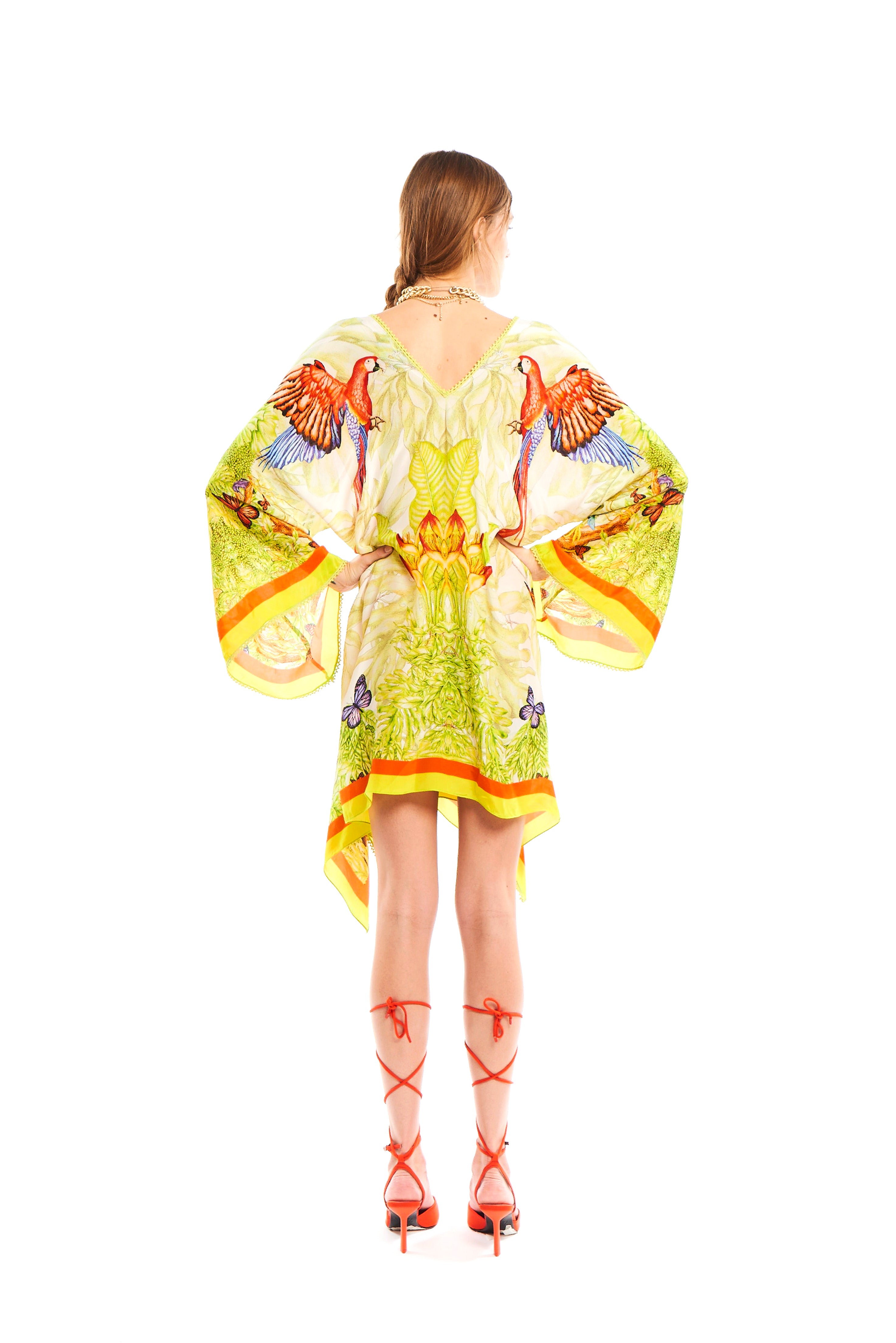 Kimono Asymmetric Mini Kaftan Jungle Day in natural crepe