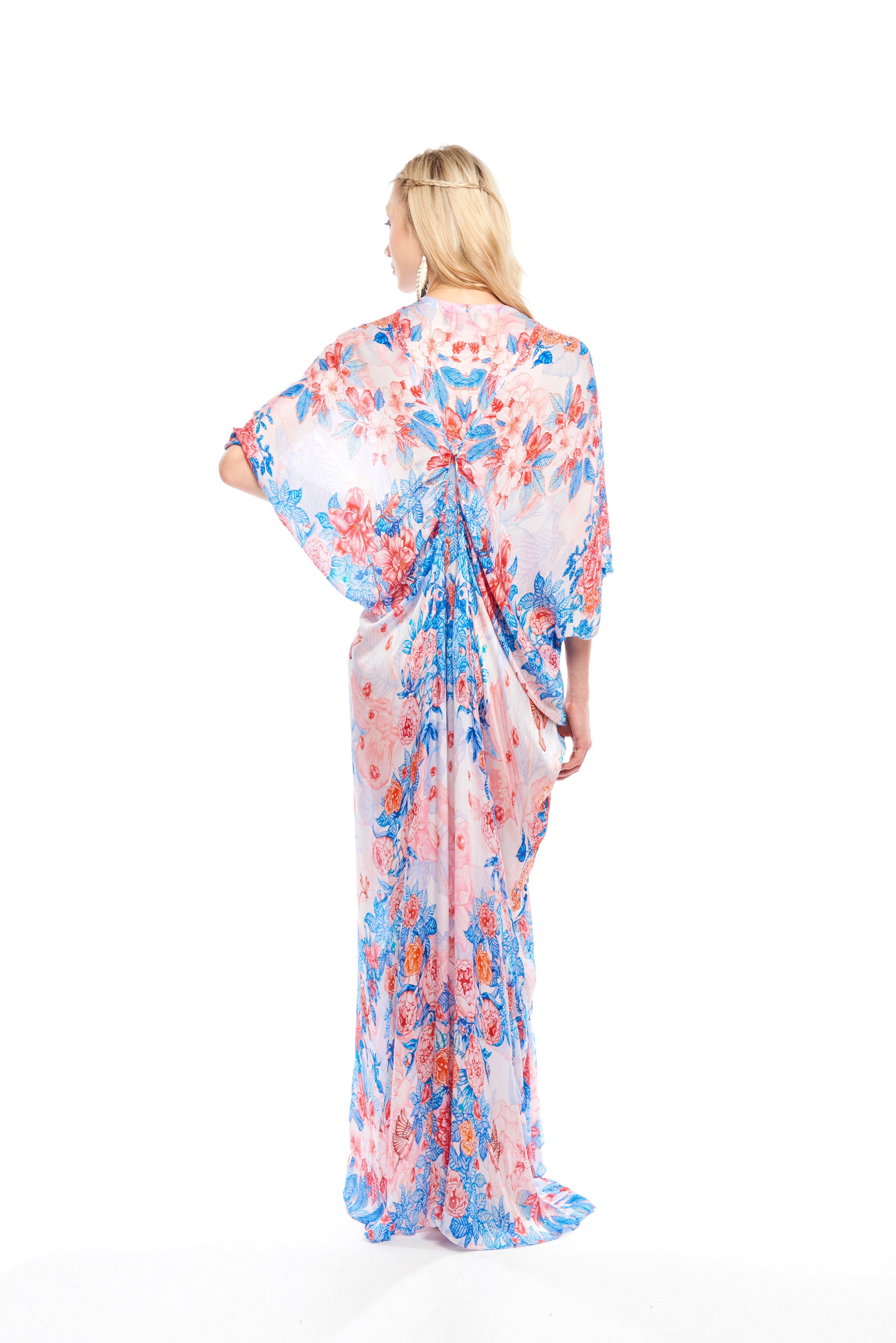 Button Up Draped Kaftan Garden Blue in cherry satin
