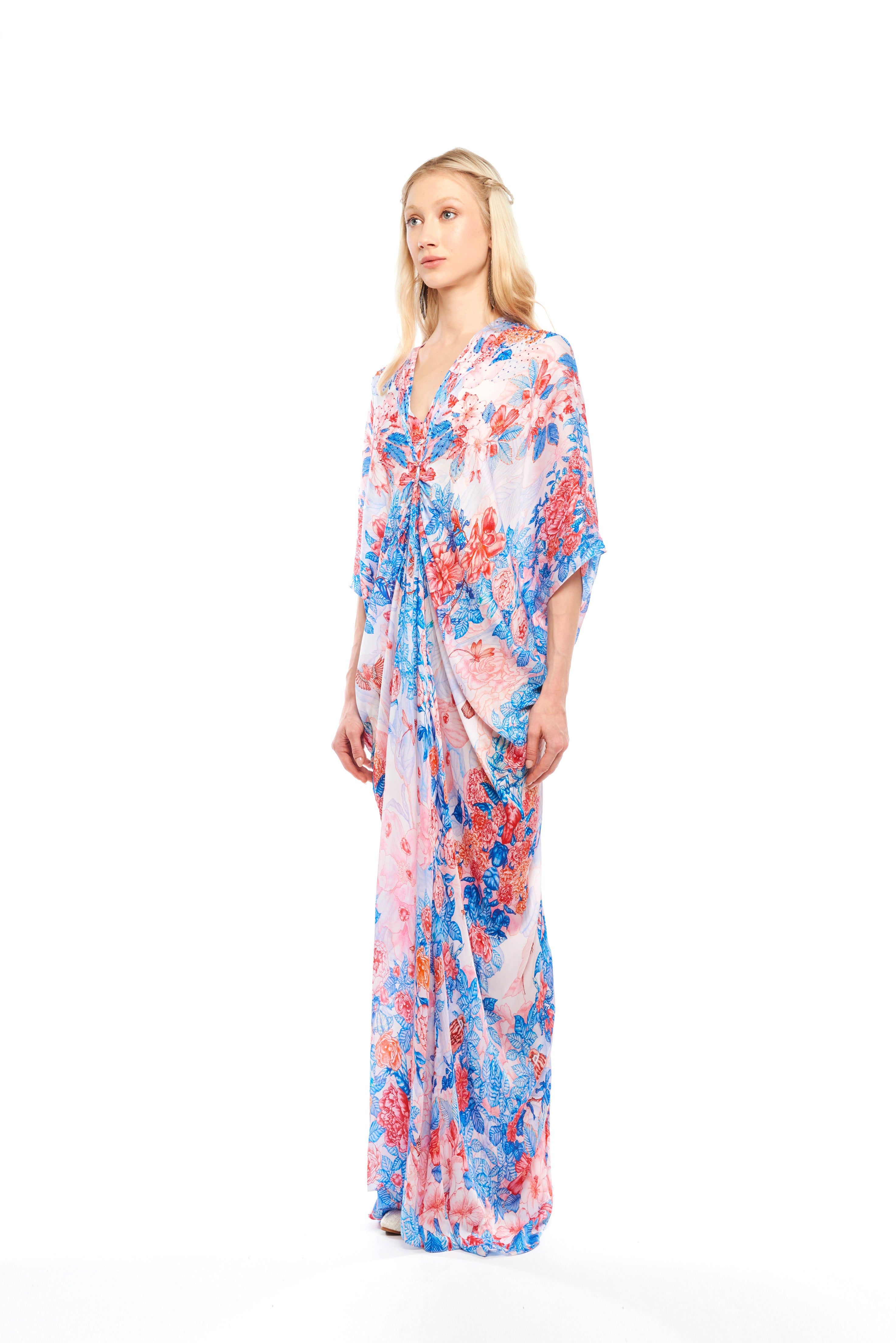 Button Up Draped Kaftan Garden Blue in cherry satin