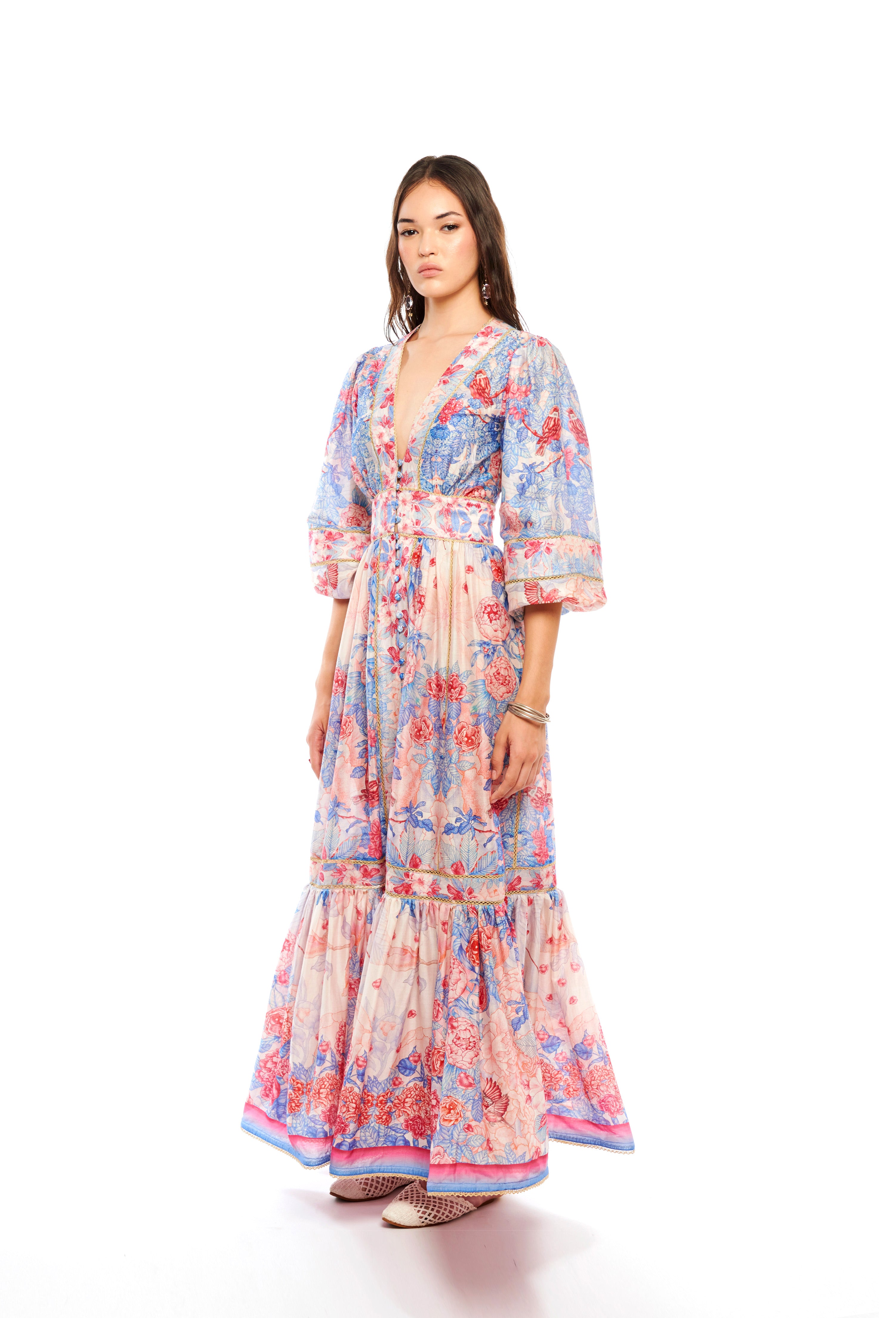 Poesia Long Arms Chemisier Garden Blue in chandery fabric