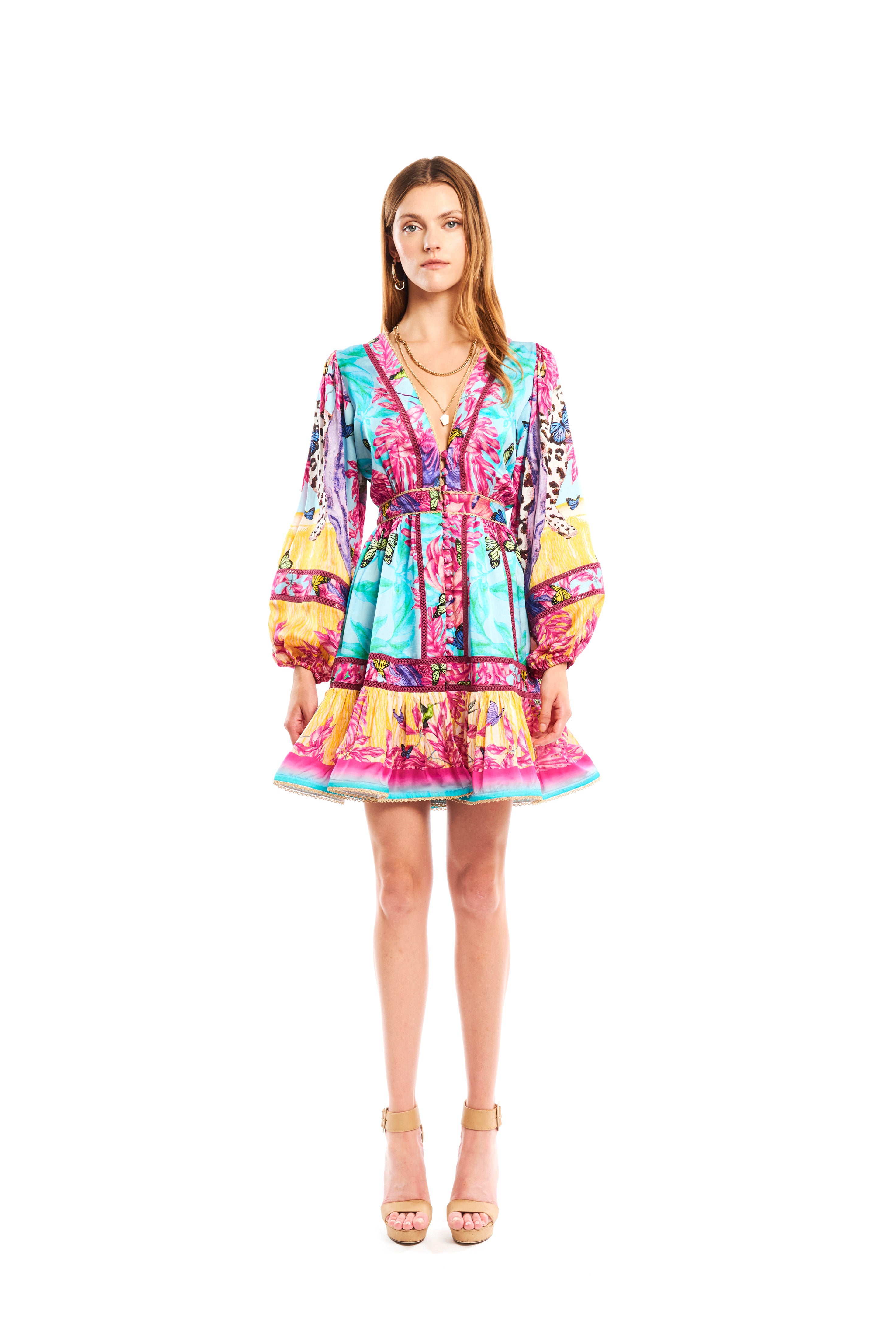 Poesia Mini Arms Chemisier Jungle Pop in linen satin