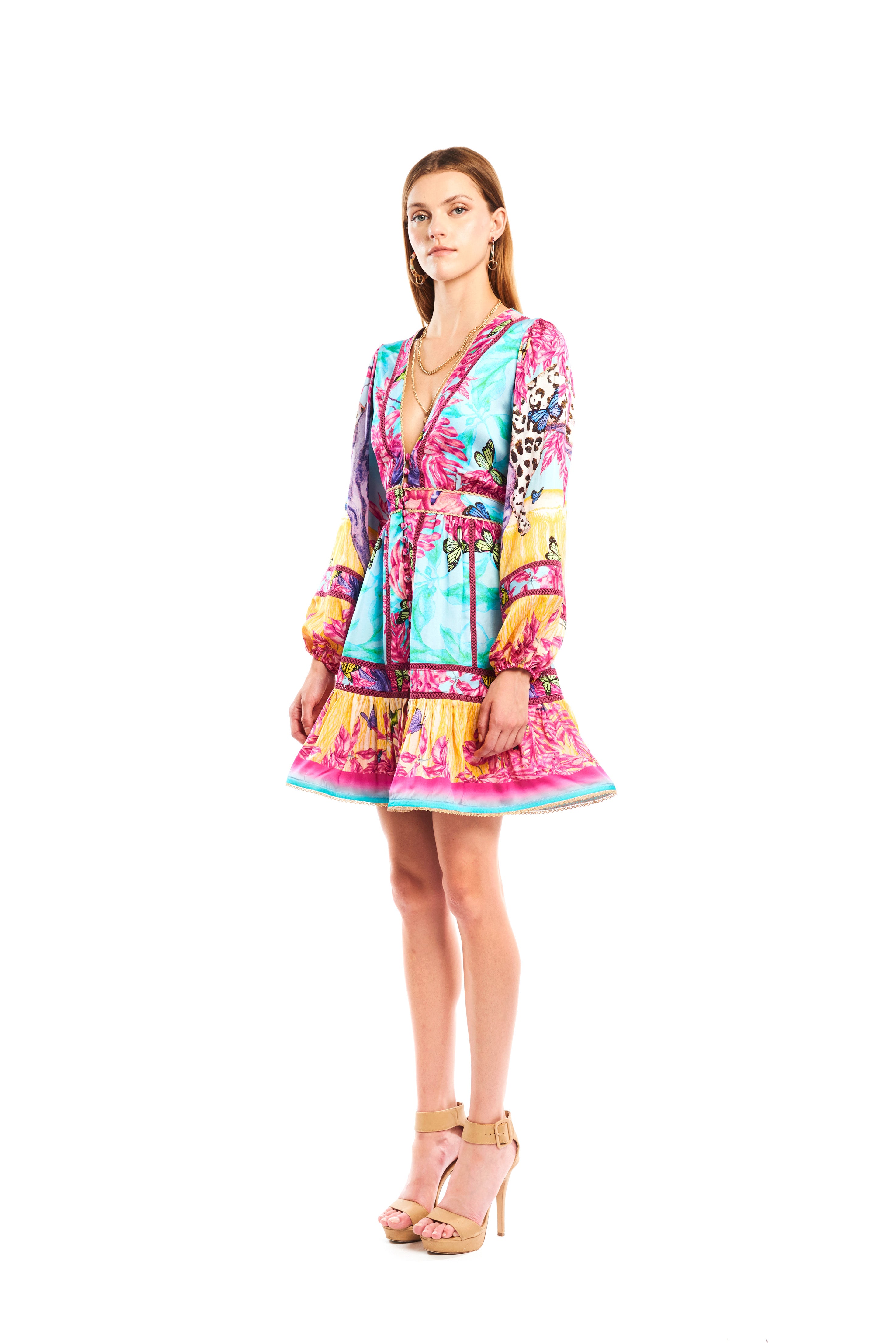 Poesia Mini Arms Chemisier Jungle Pop in linen satin