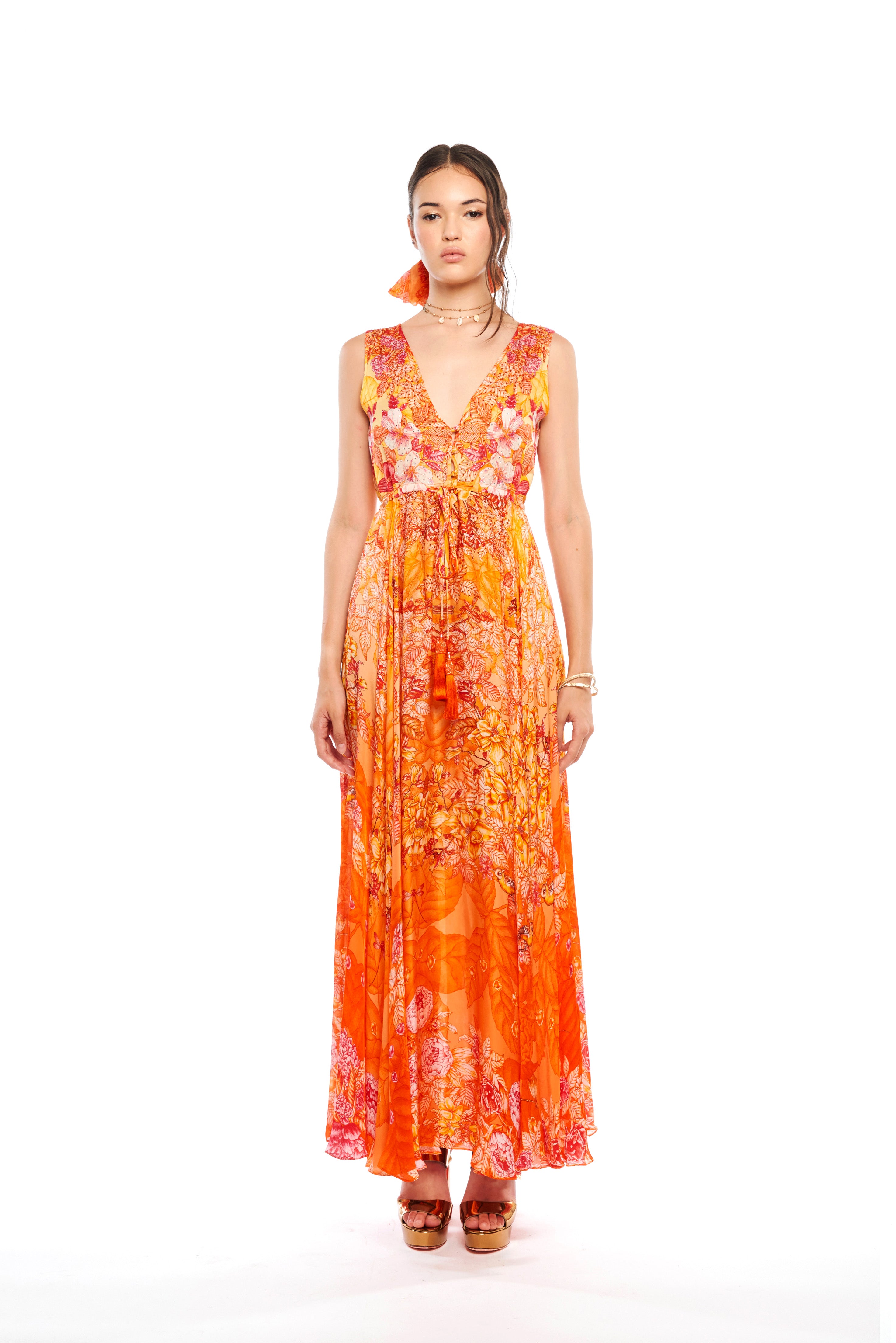 V-Shape Long Dress Garden Orange in cherry satin
