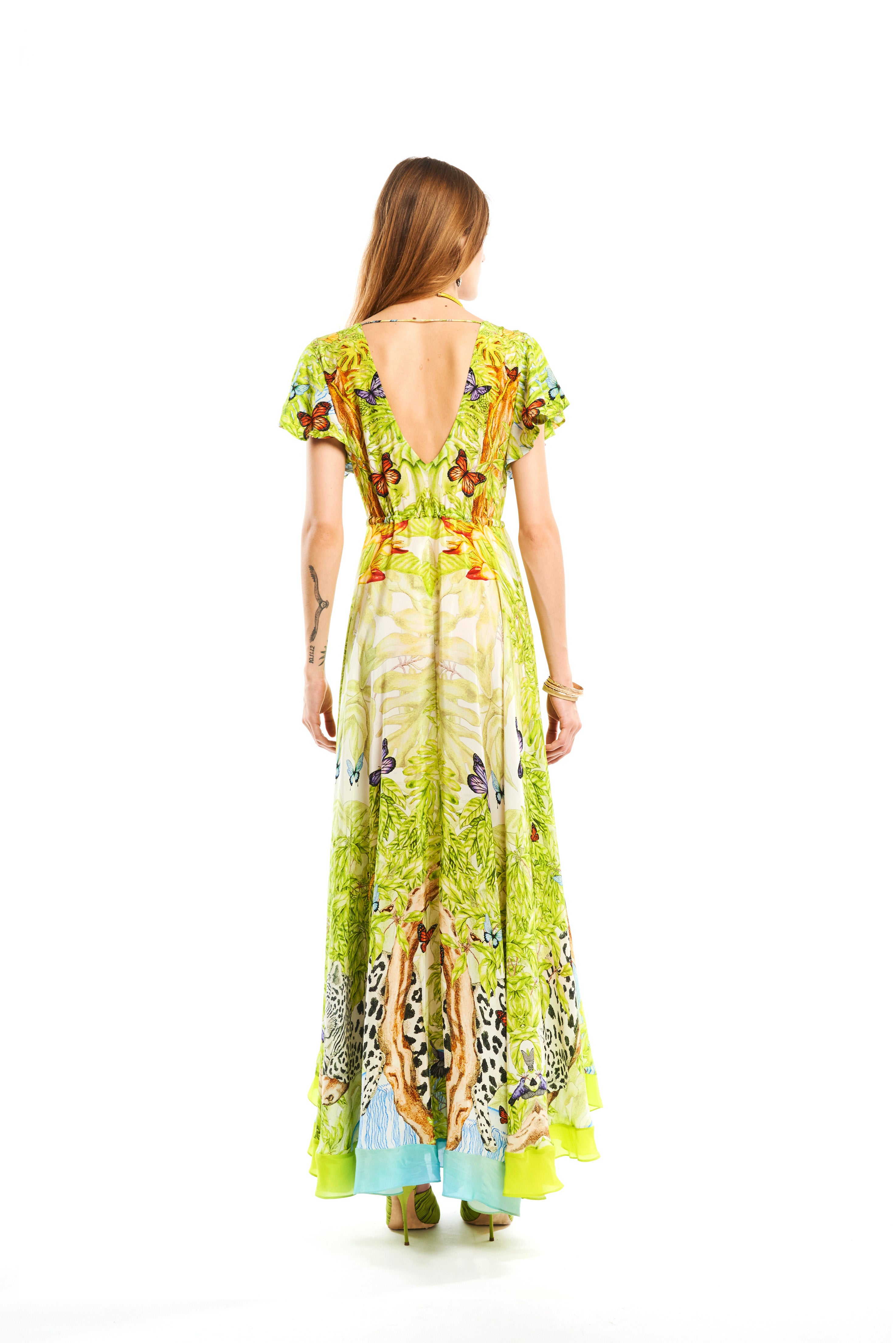 V-Shape Long Dress with arms Jungle Day in natural crepe