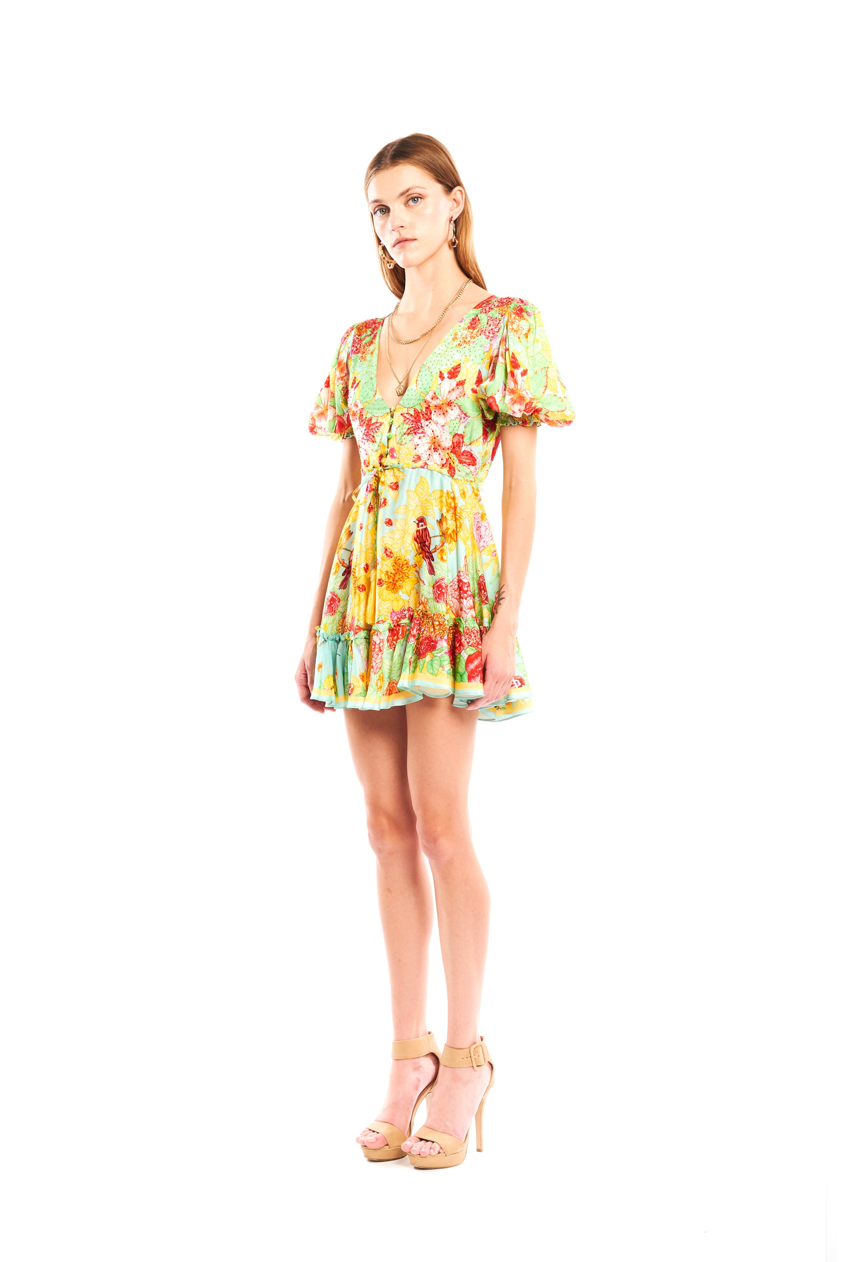 V-Shape Mini Dress with arms Garden Green in linen satin