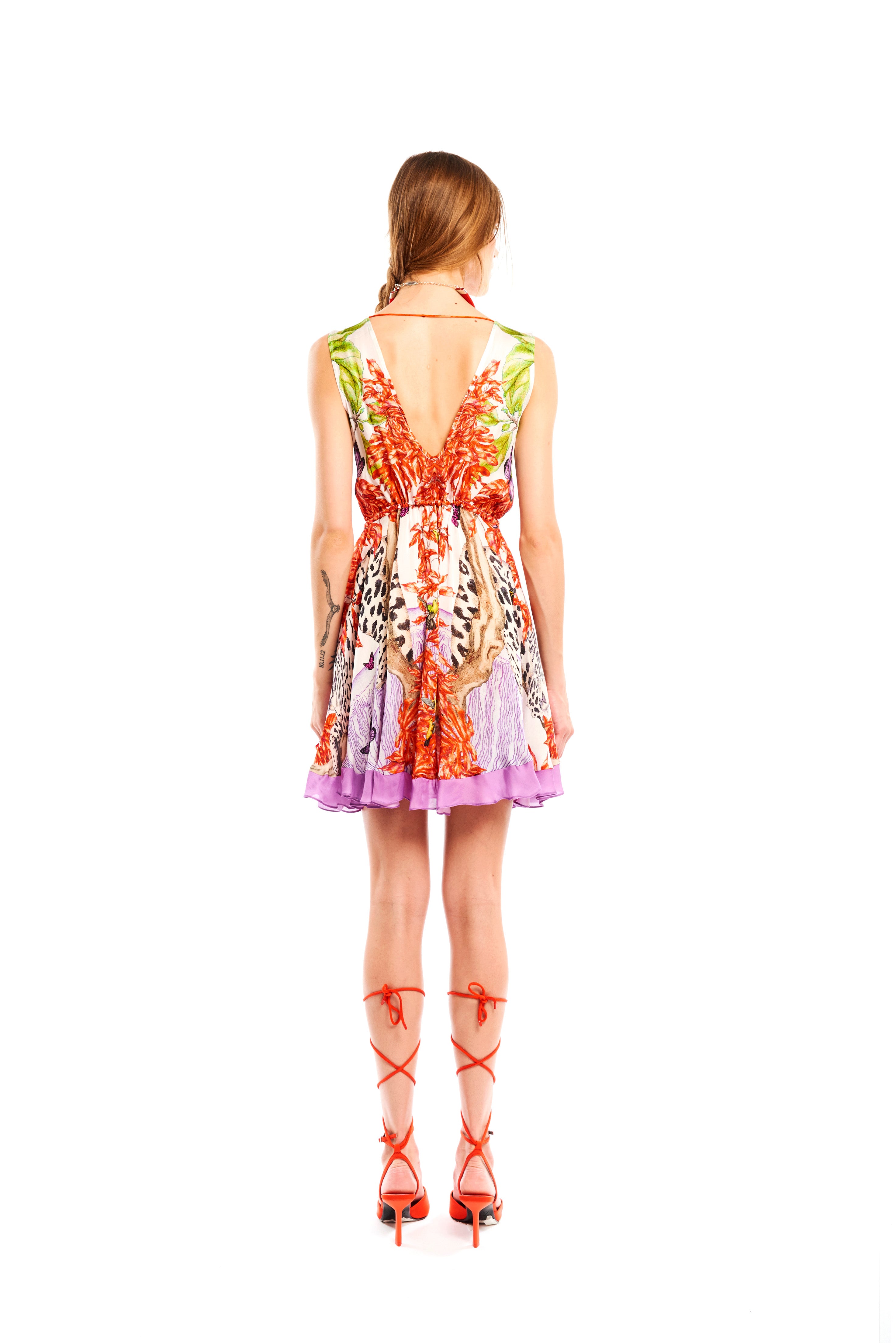 V-Shape Mini Dress Jungle Sunset in cherry satin