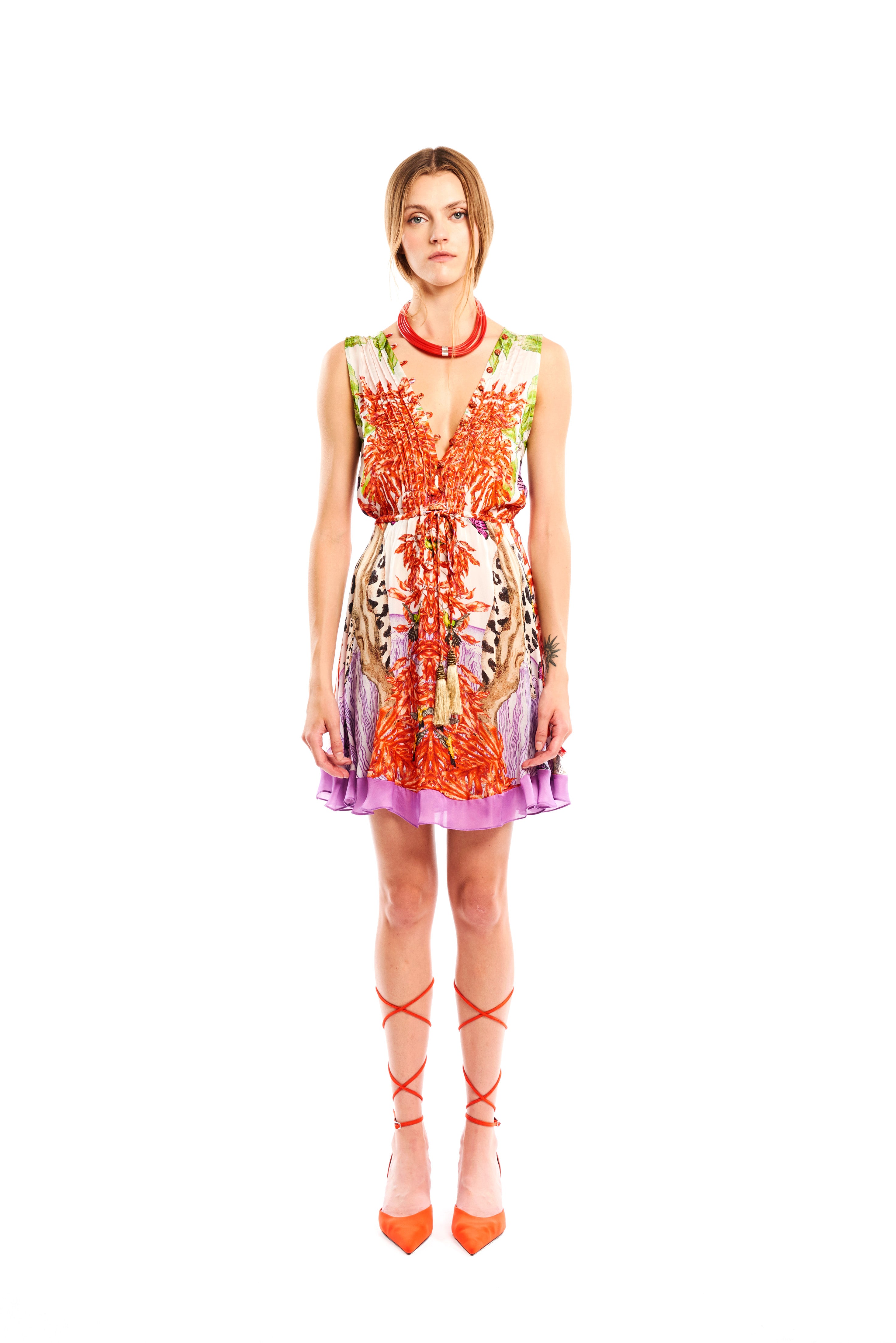 V-Shape Mini Dress Jungle Sunset in cherry satin