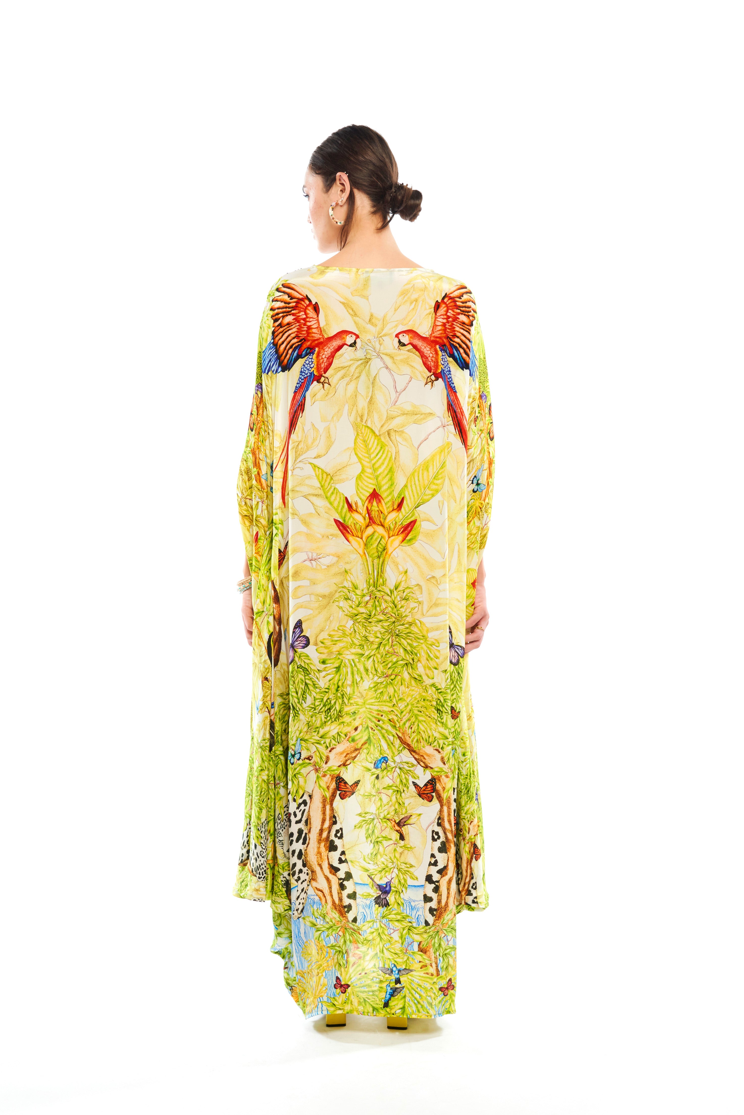 Fly Away Kaftan with neck detail Jungle Day in natural crepe