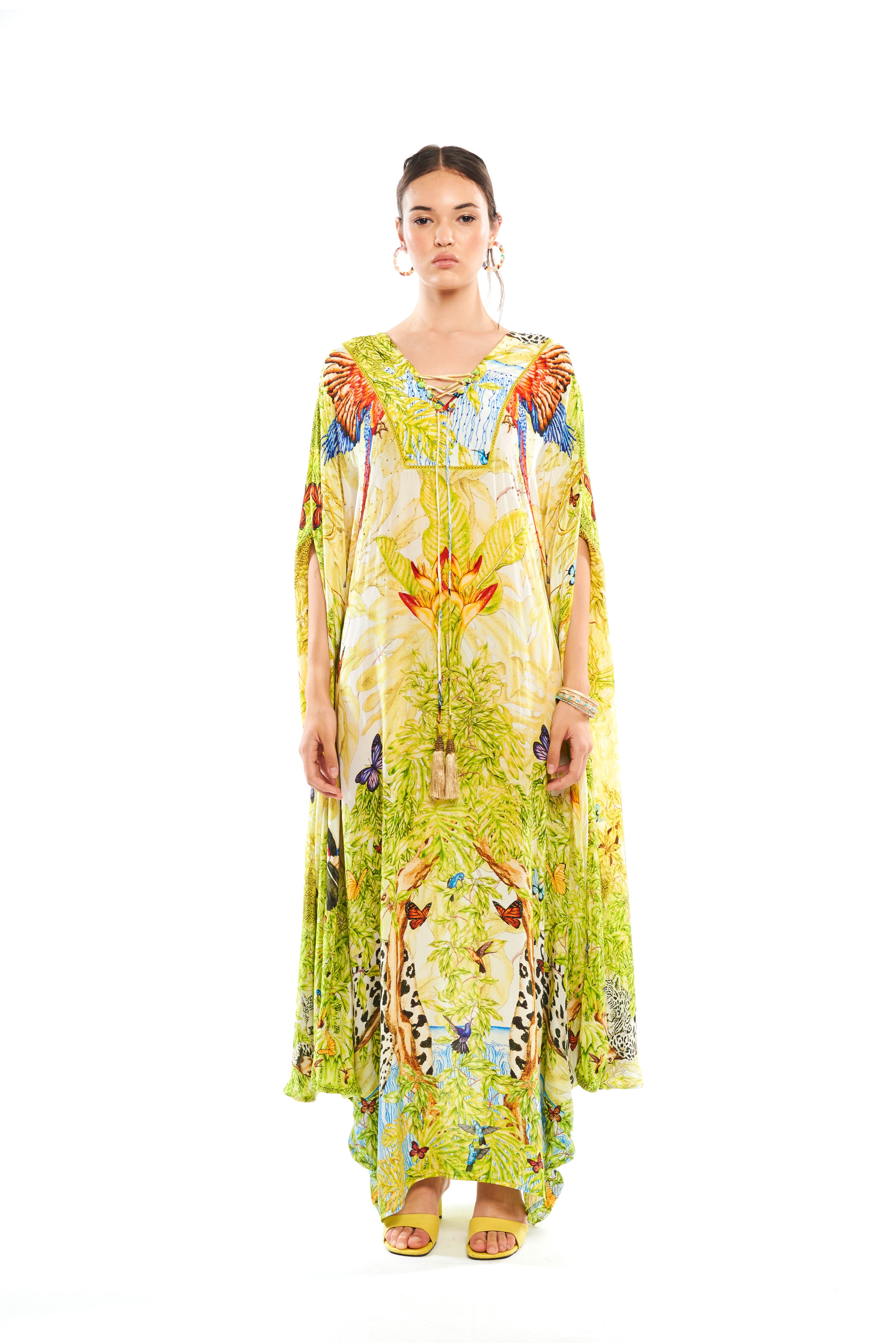 Fly Away Kaftan with neck detail Jungle Day in natural crepe