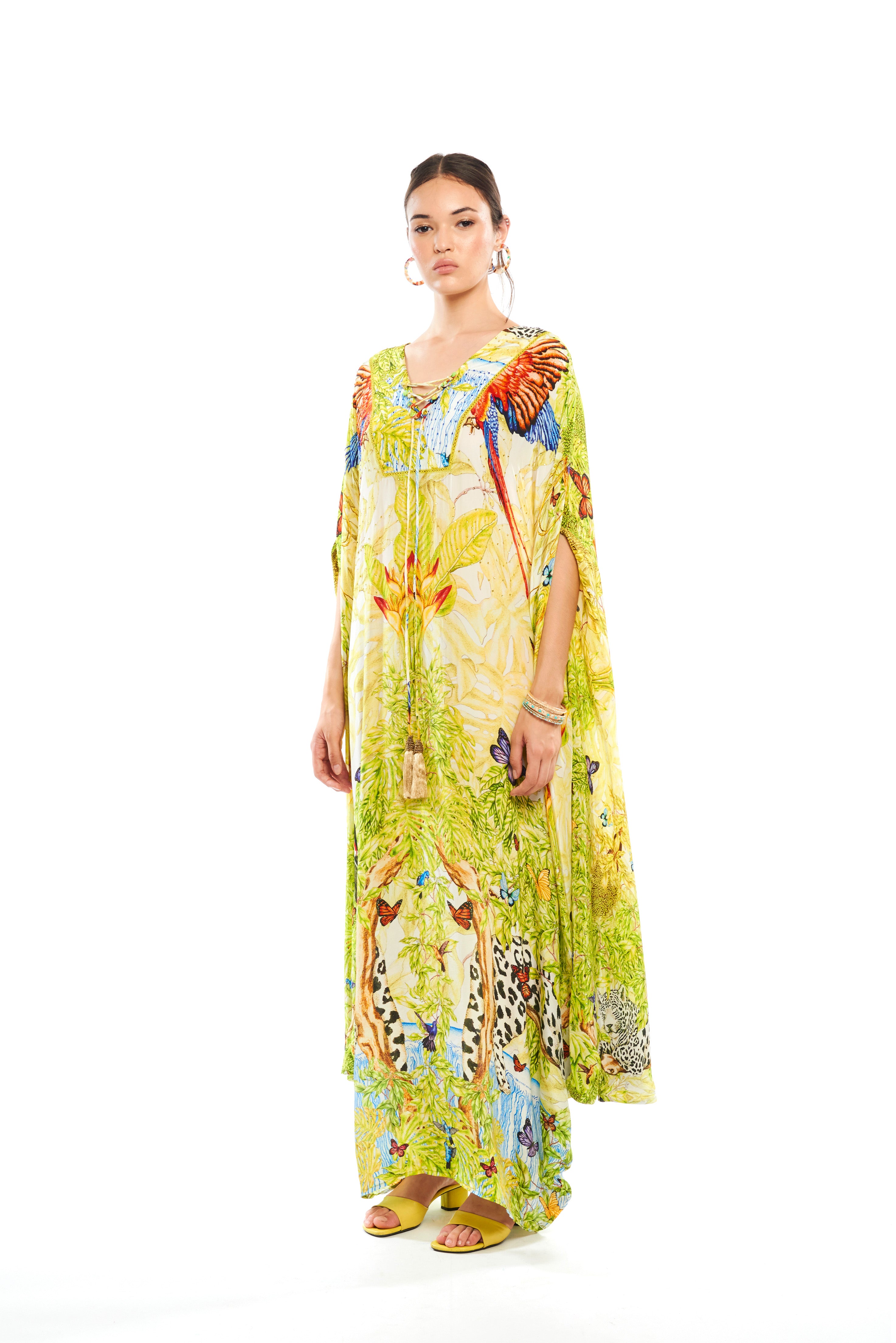 Fly Away Kaftan with neck detail Jungle Day in natural crepe