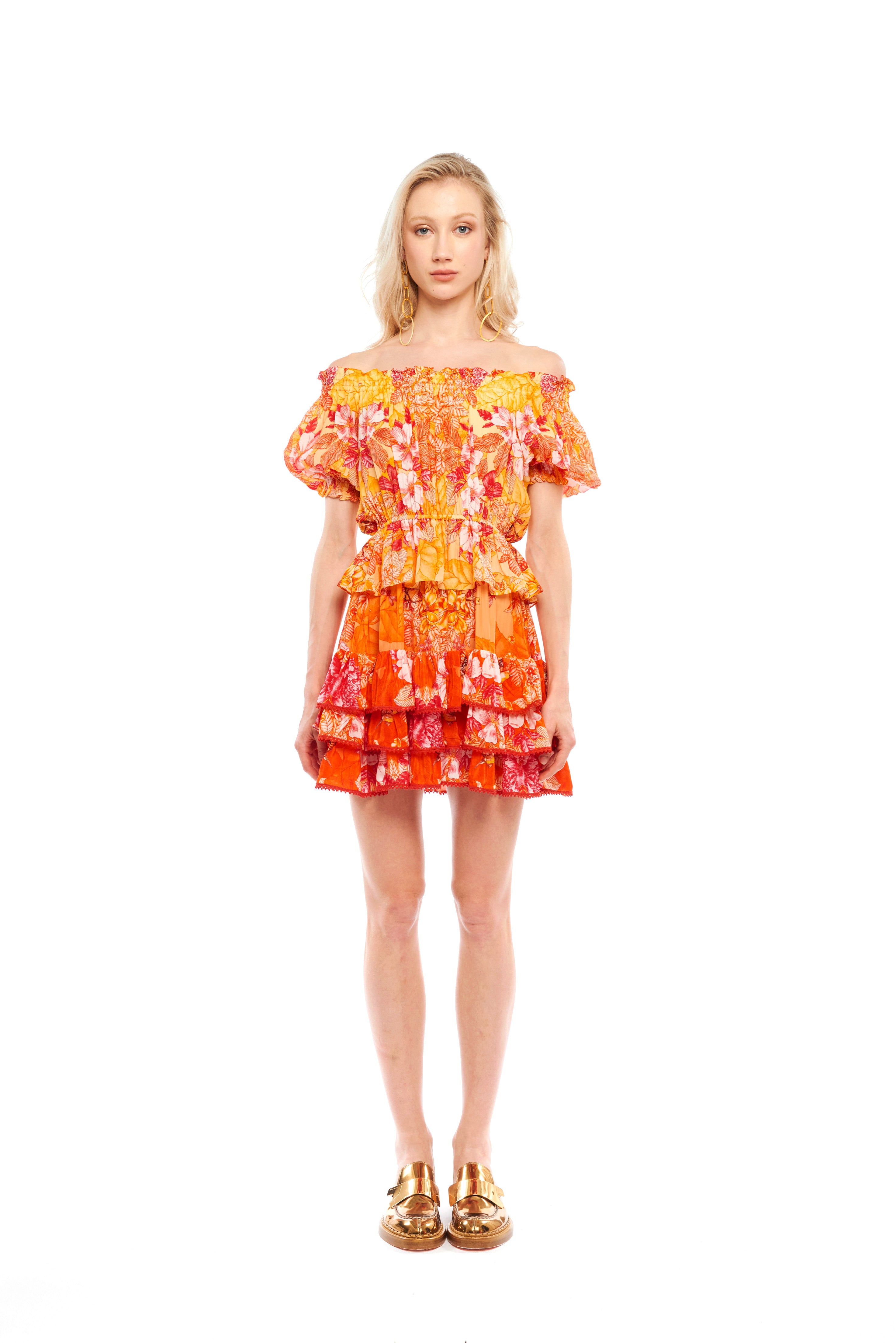 Off Shoulder Ruffle Short Dress Garden Orange in natural crêpe