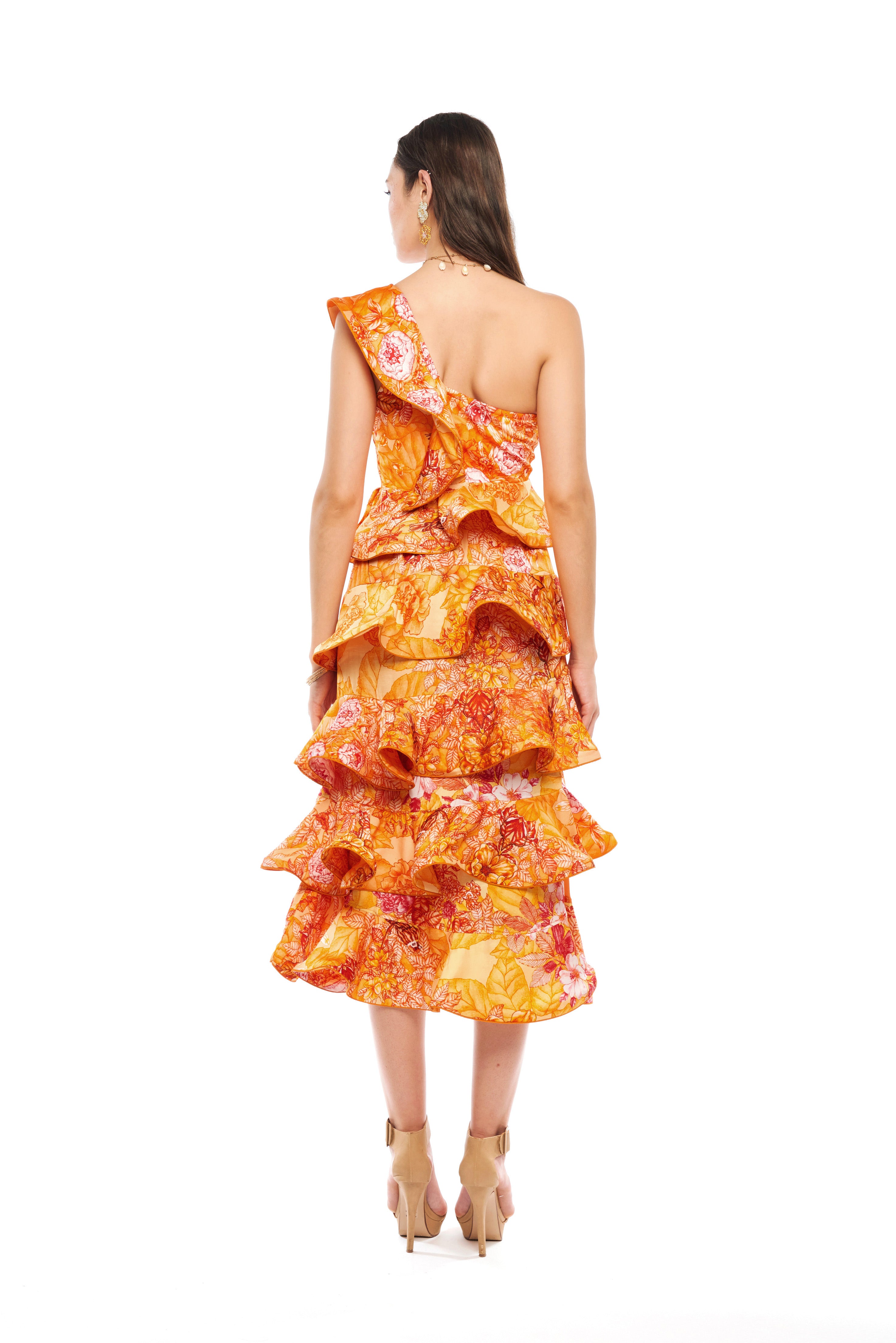 Ruffled A-line midi dress in Garden Orange print, linen satin