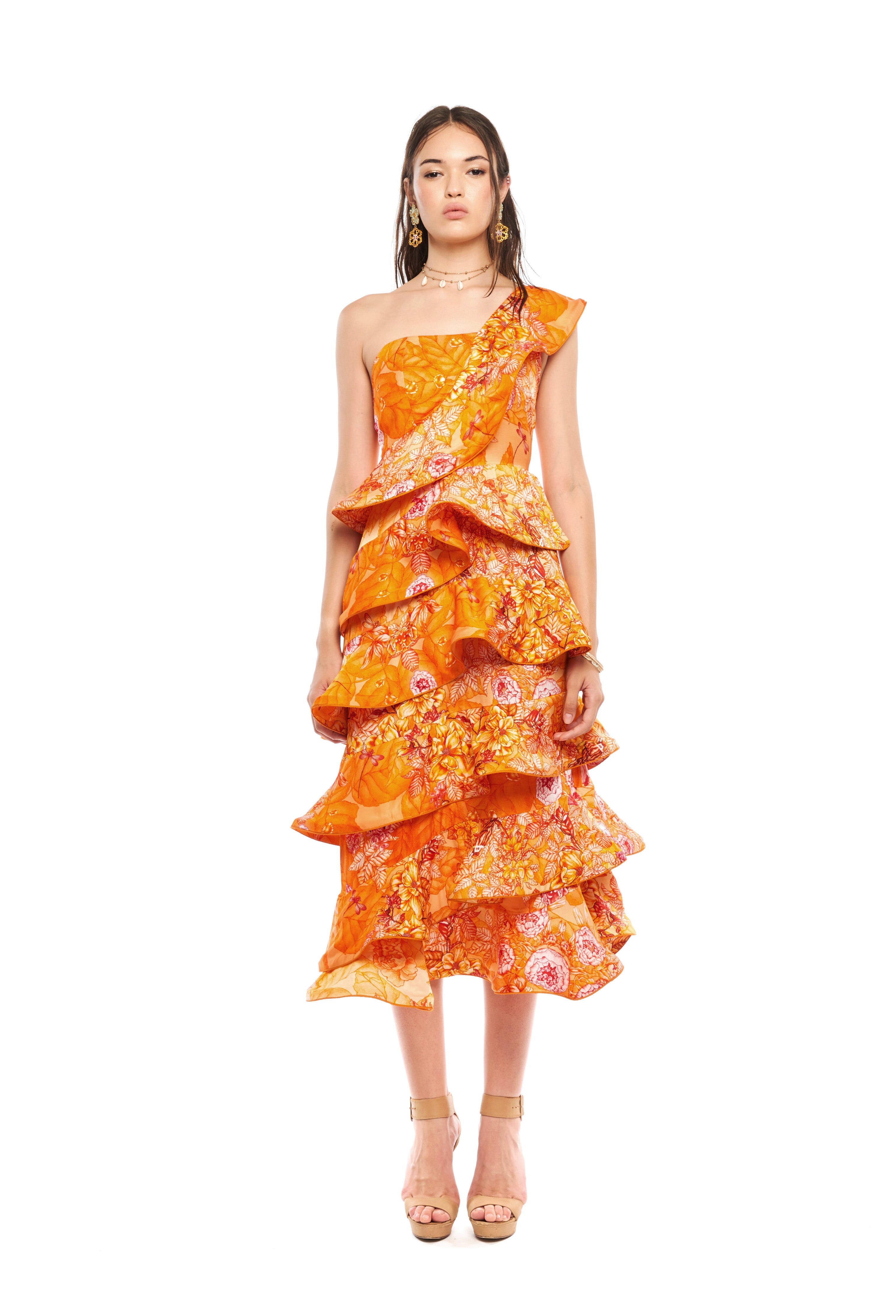 Ruffled A-line midi dress in Garden Orange print, linen satin