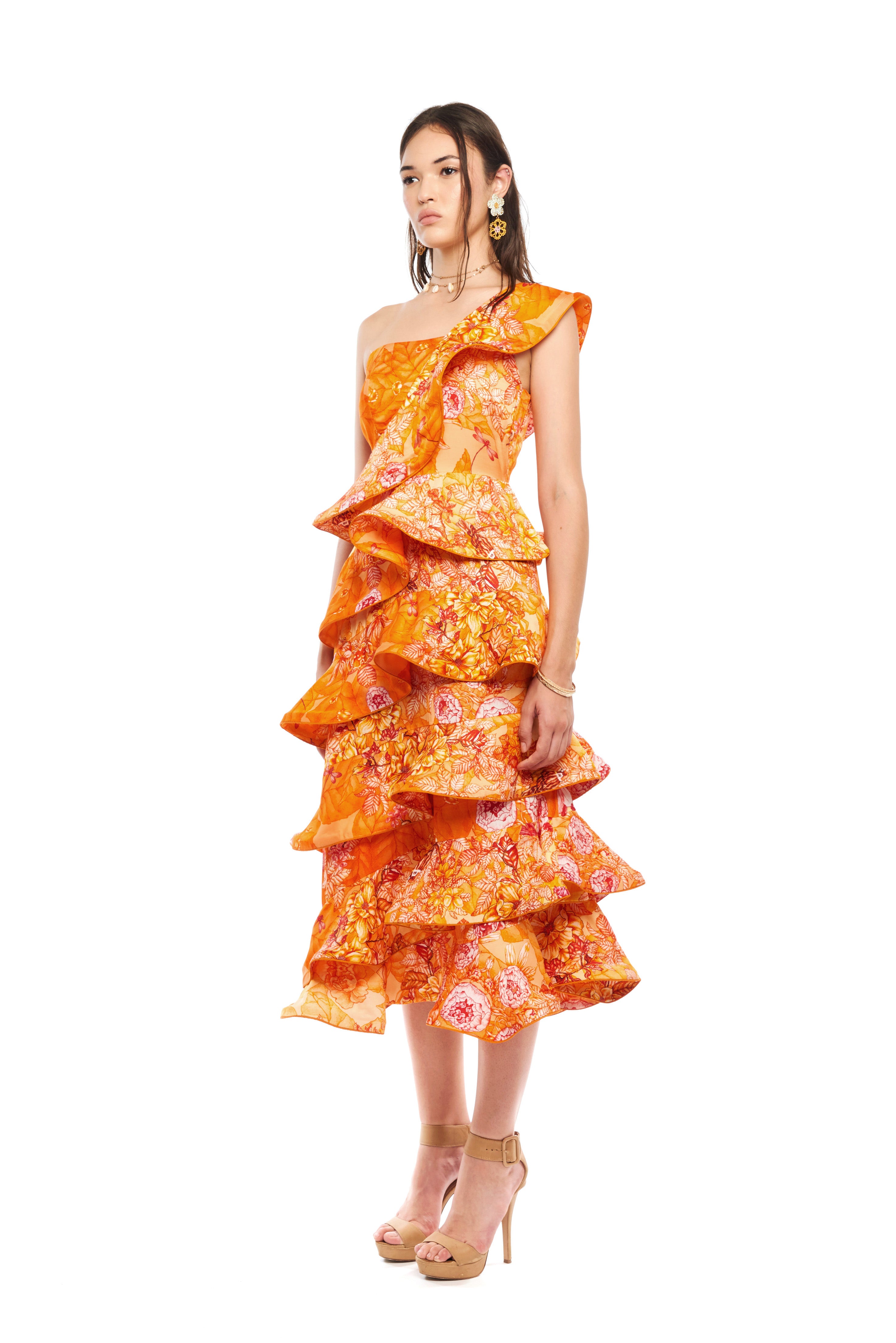 Ruffled A-line midi dress in Garden Orange print, linen satin