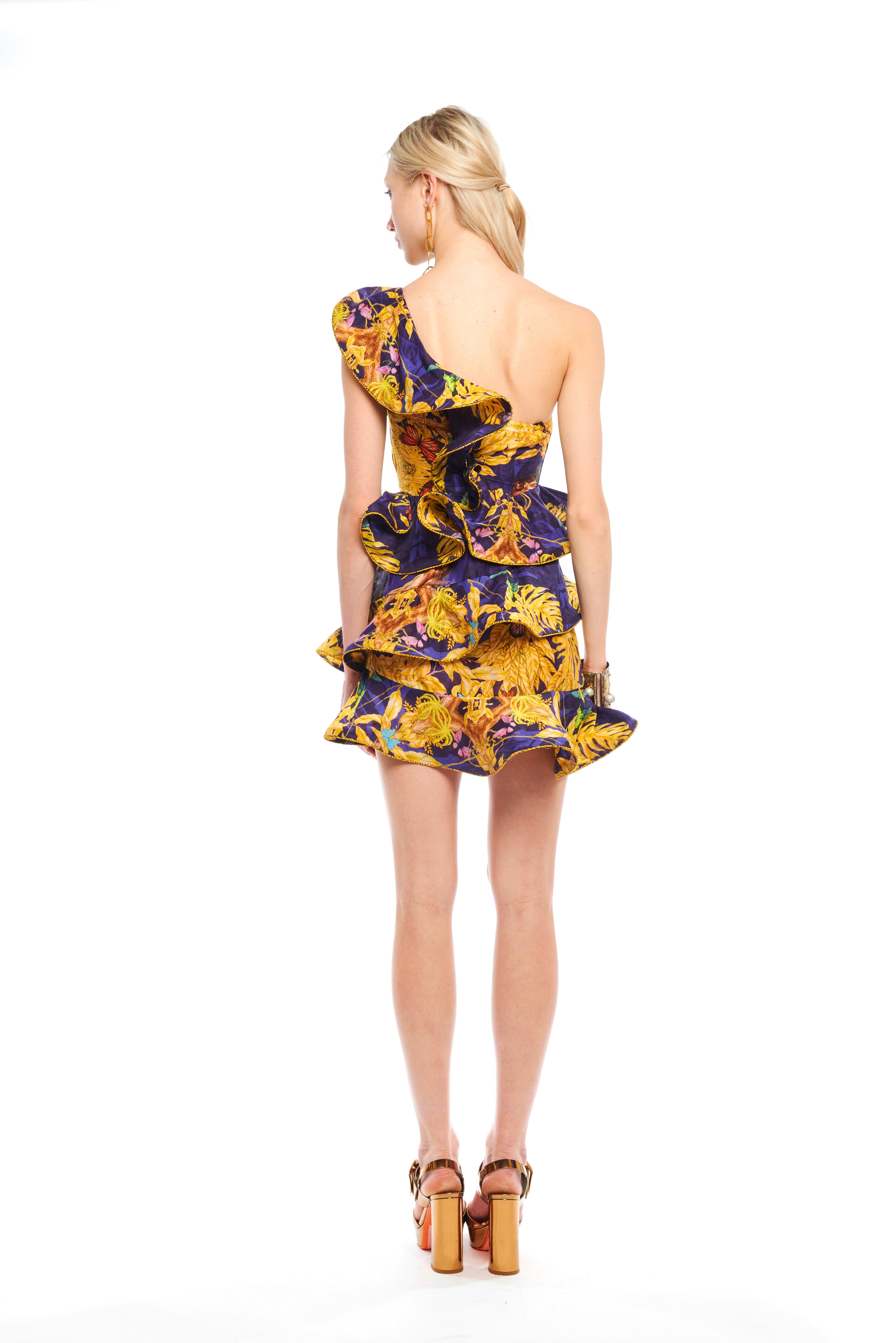 Ruffled A-line mini dress in Jungle Night print, Chandery fabric