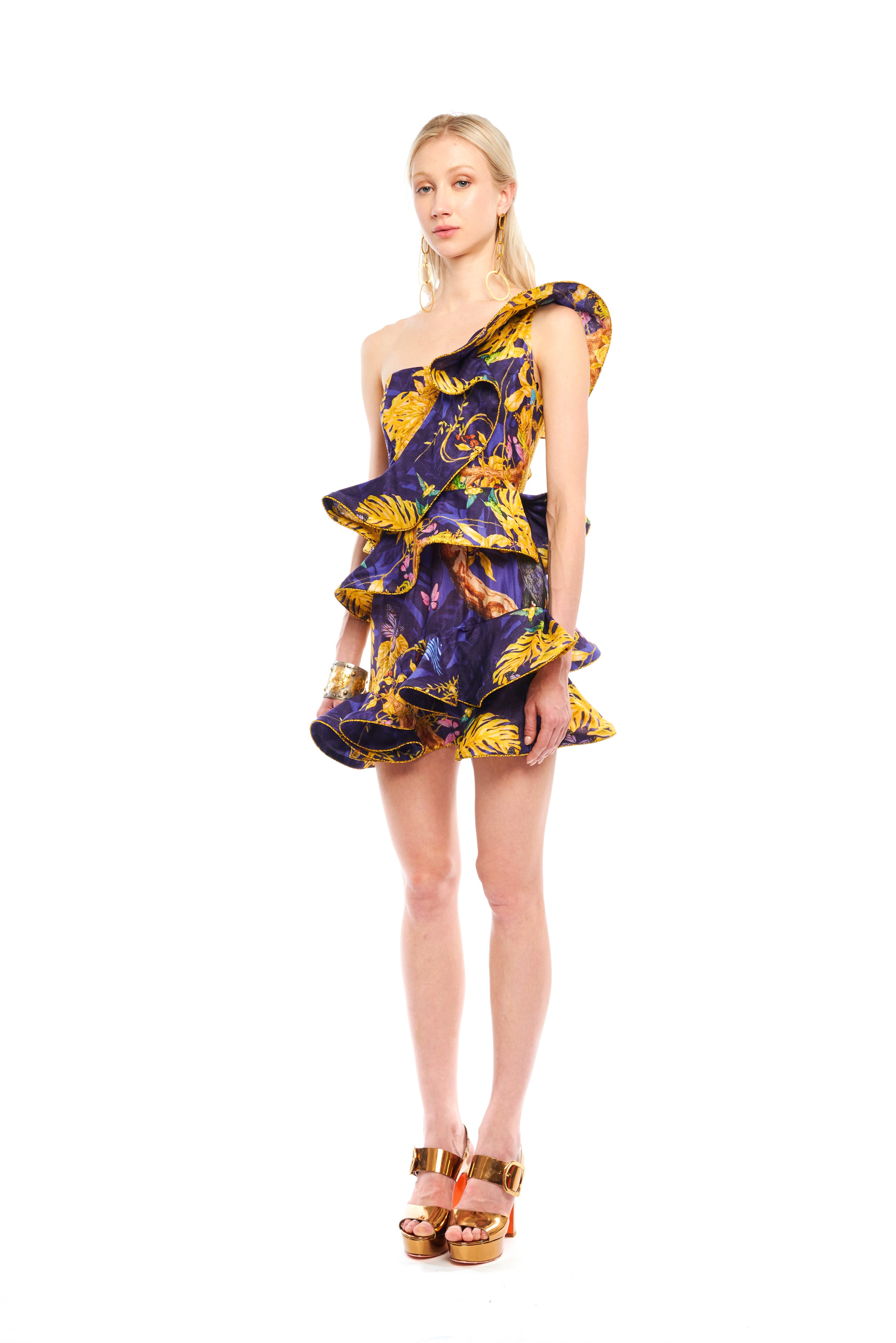 Ruffled A-line mini dress in Jungle Night print, Chandery fabric