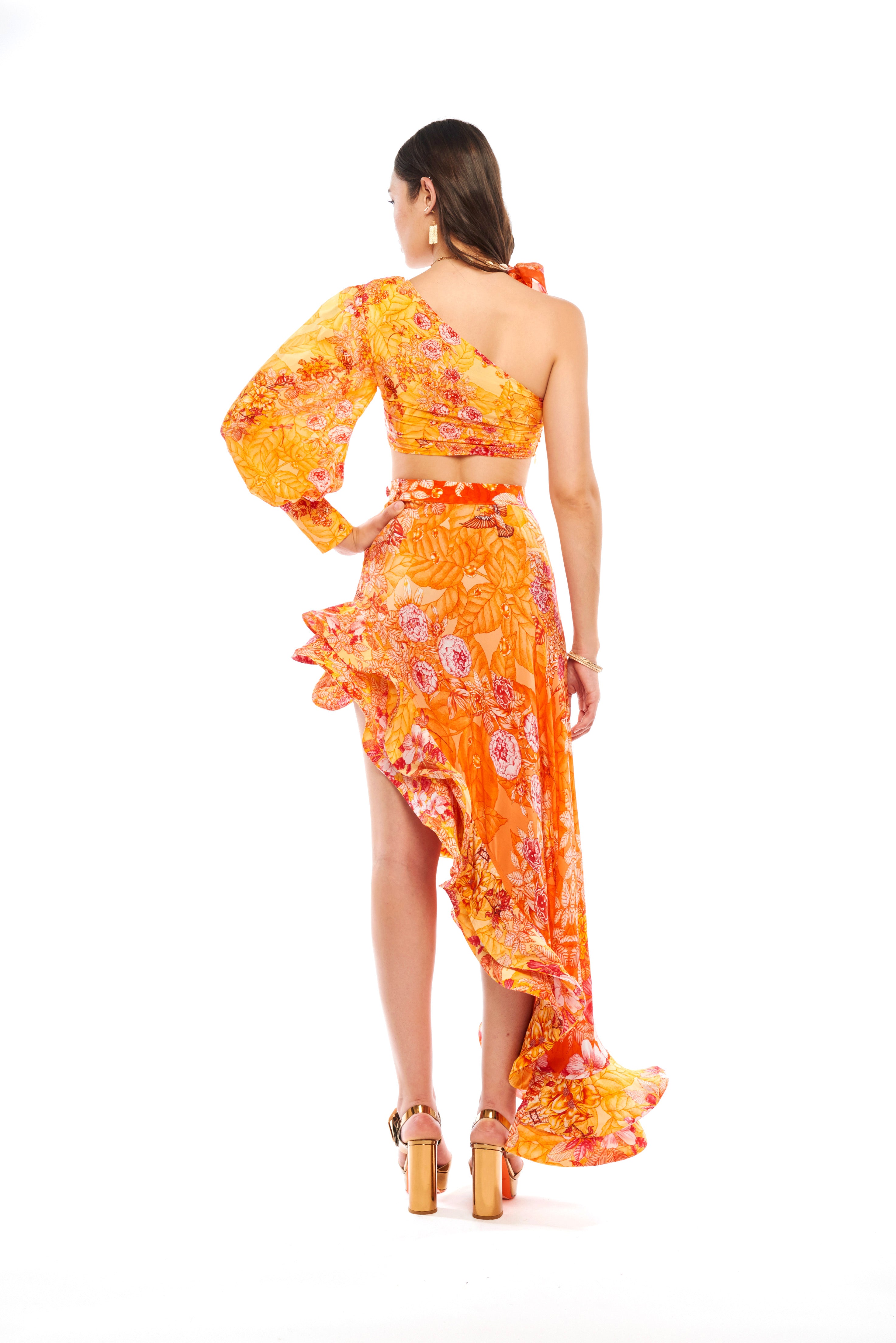 Asymmetrical ruffles skirt in Garden Orange print, natural crepe