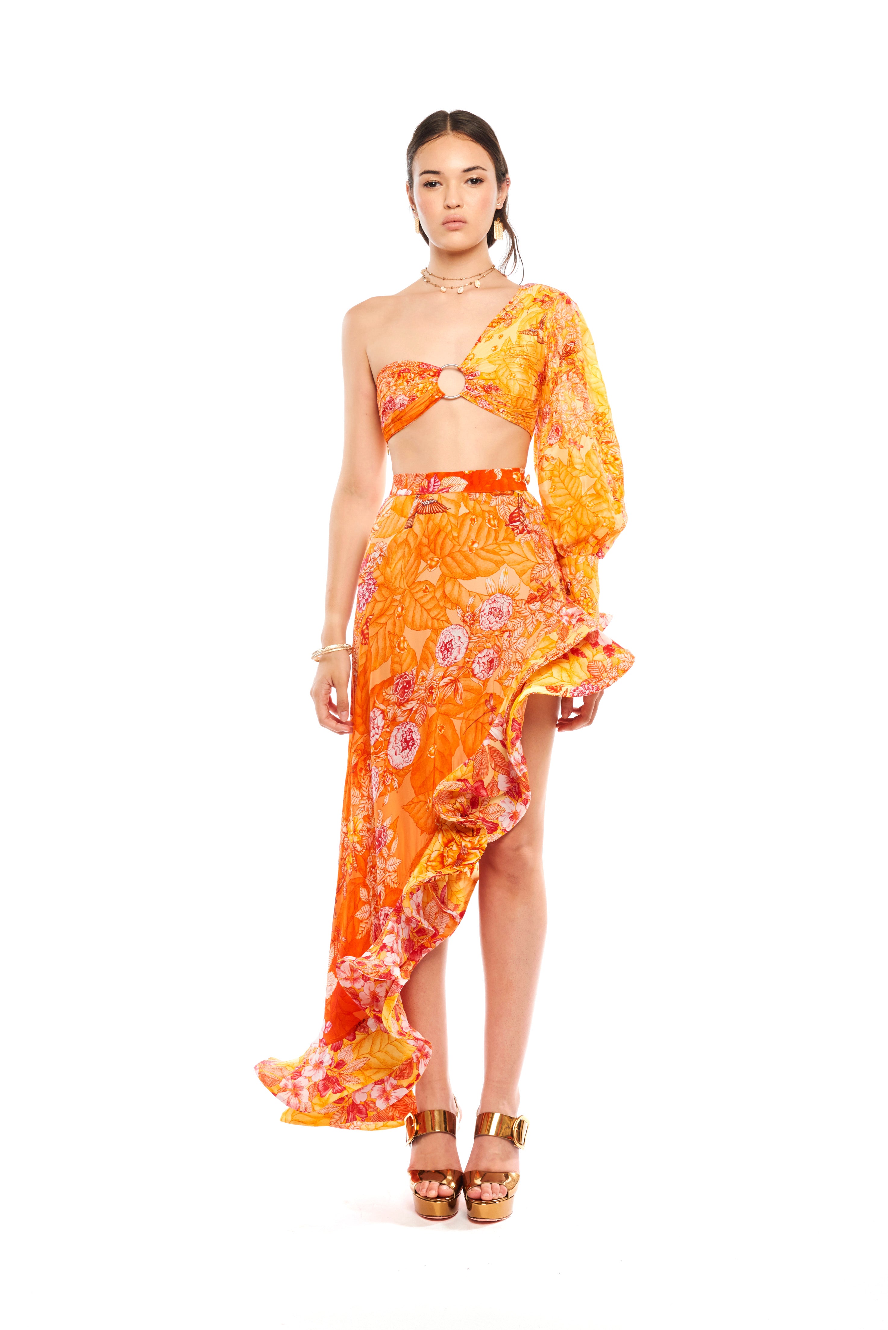 Asymmetrical ruffles skirt in Garden Orange print, natural crepe