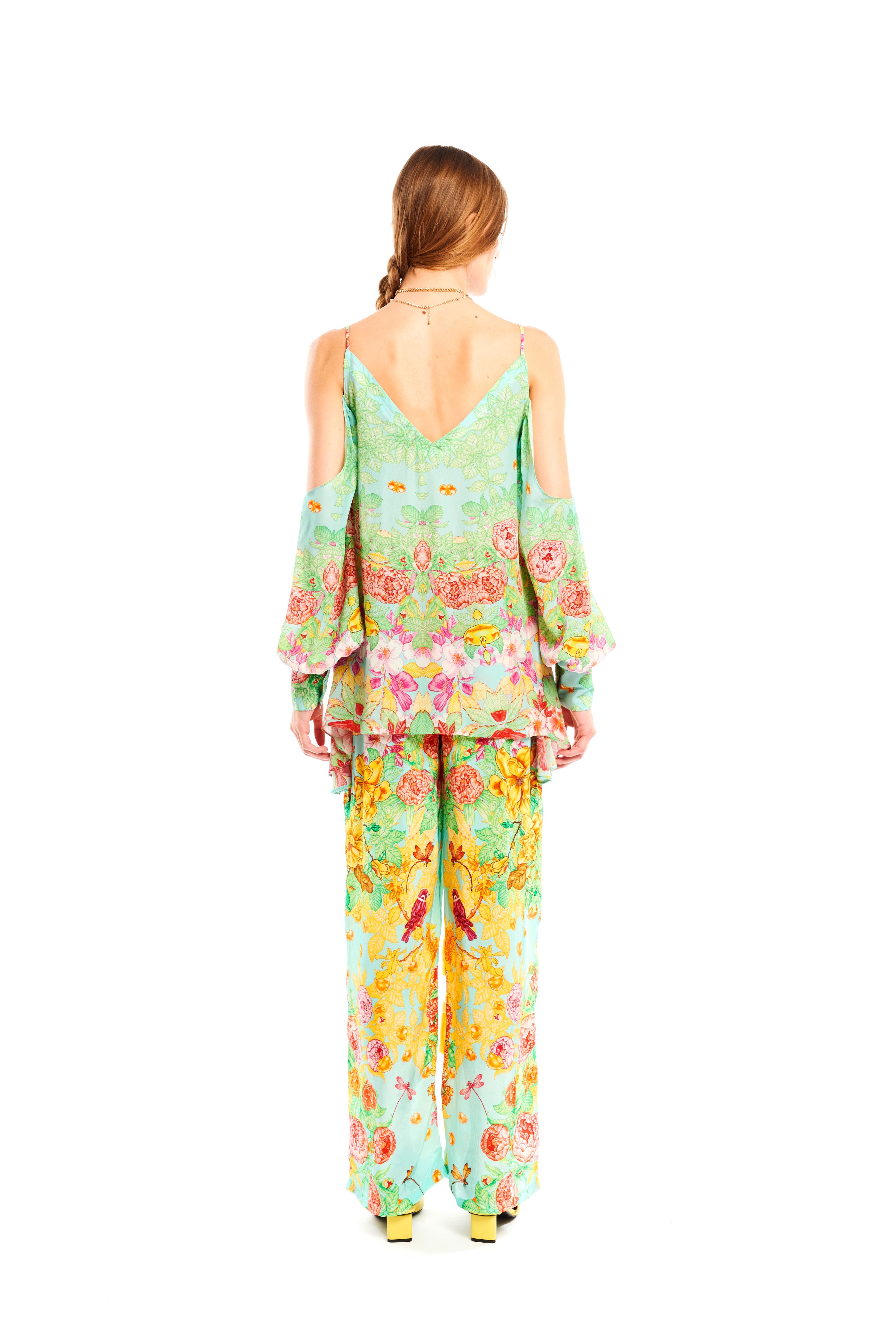 Tank top with hanging sleeves in Garden Green print, georgette satin