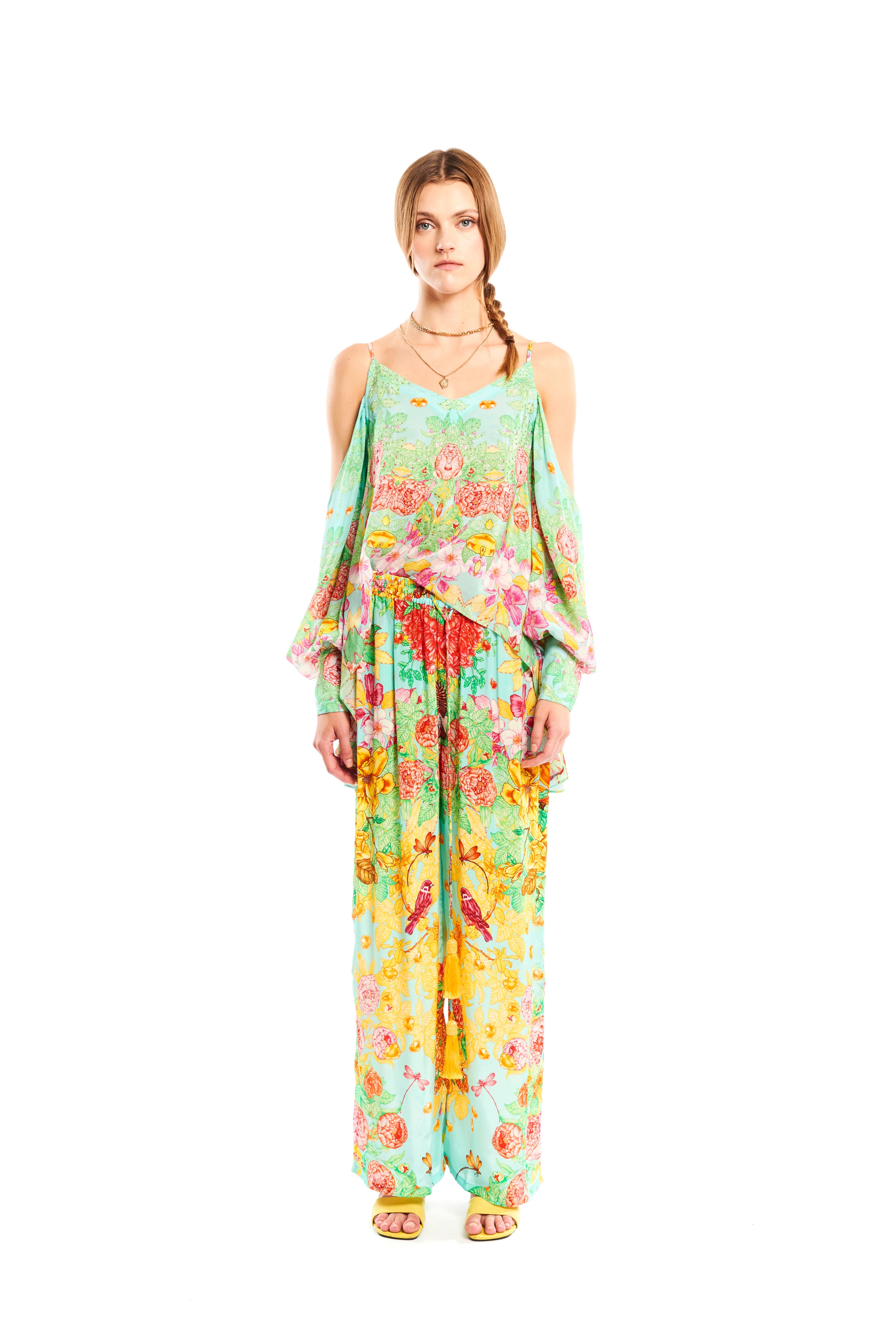 Tank top with hanging sleeves in Garden Green print, georgette satin