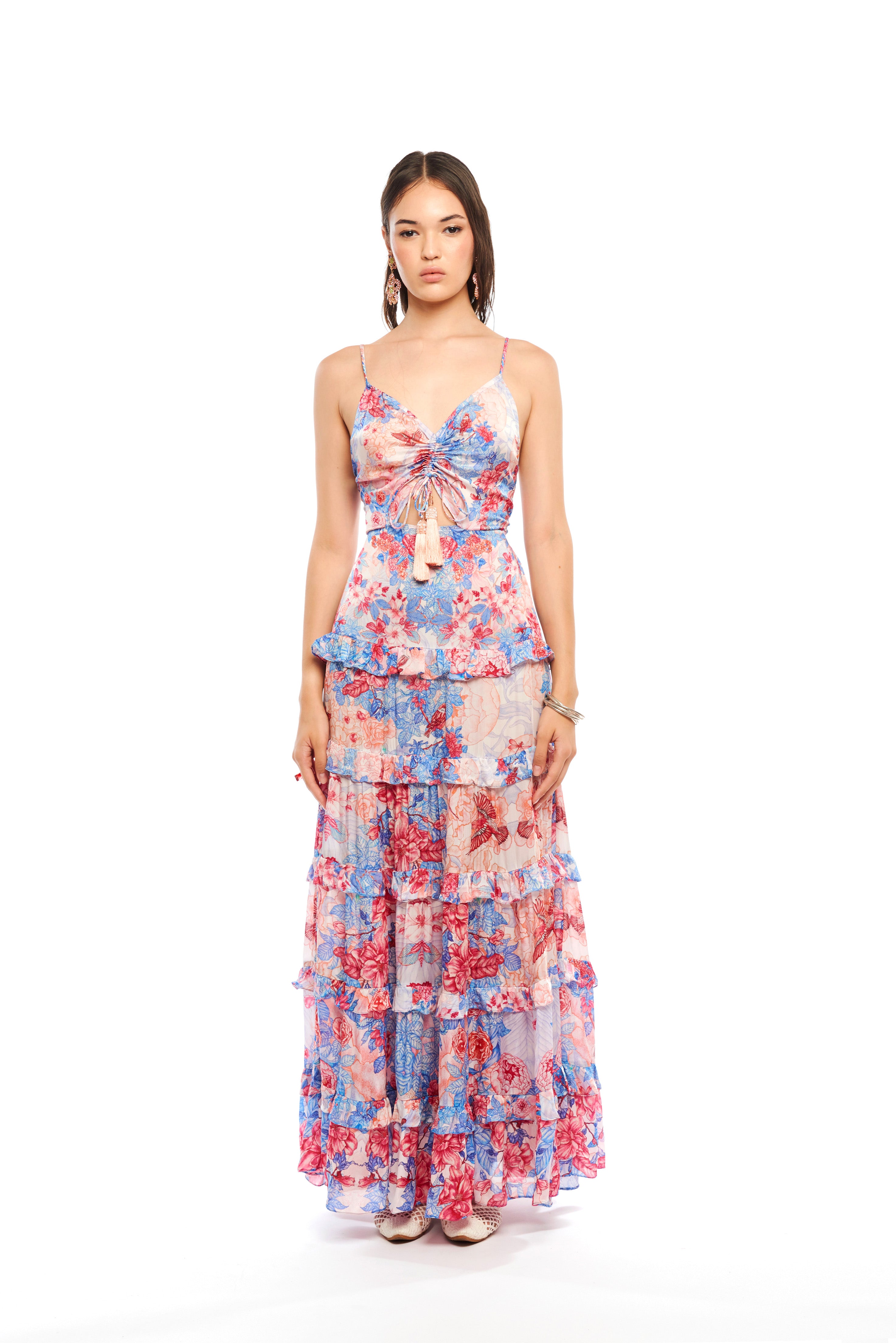 BACK KNOT MINI RUFFLE LONG DRESS