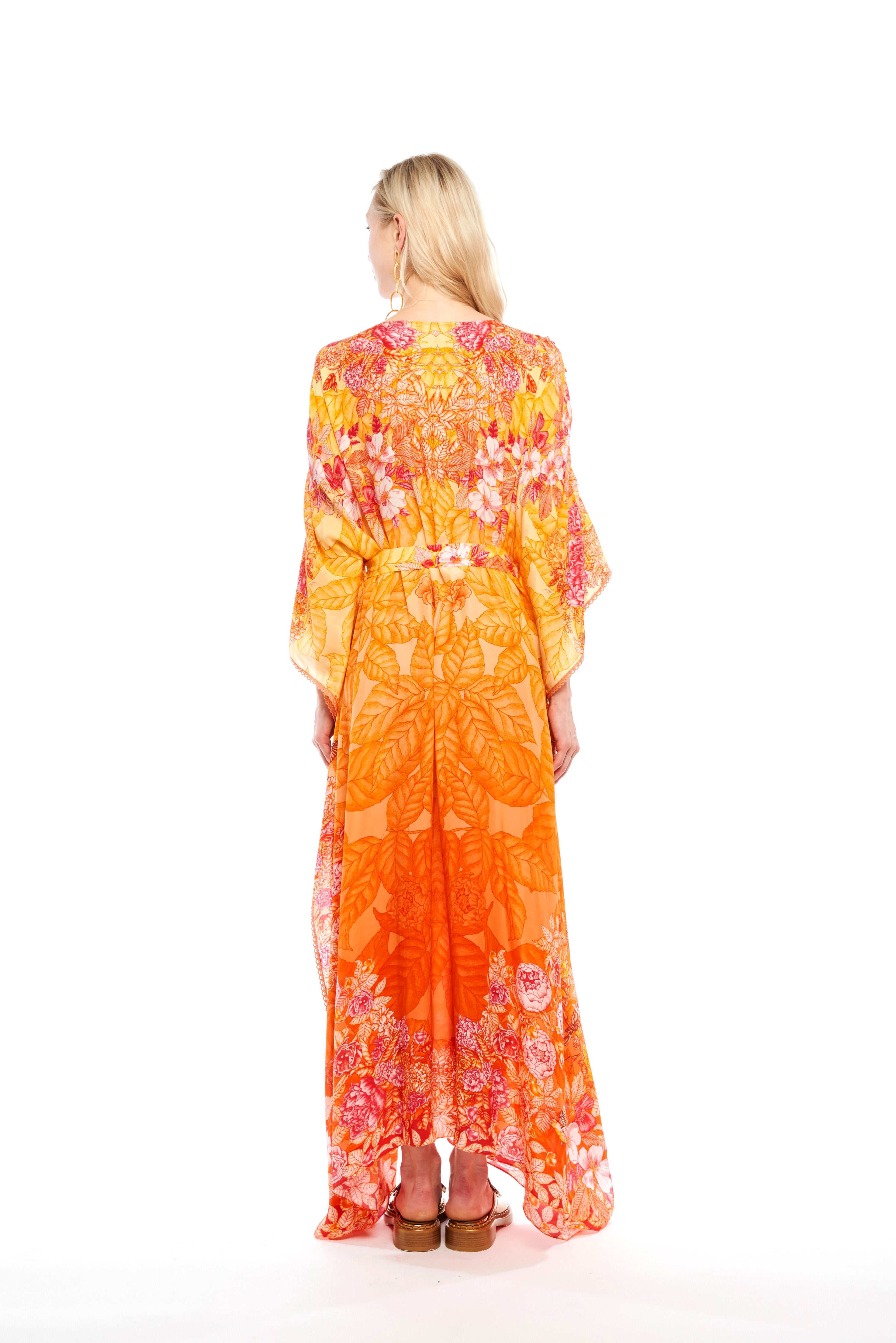 Fullness kaftan with collar detail in Garden Orange print, natural crepe