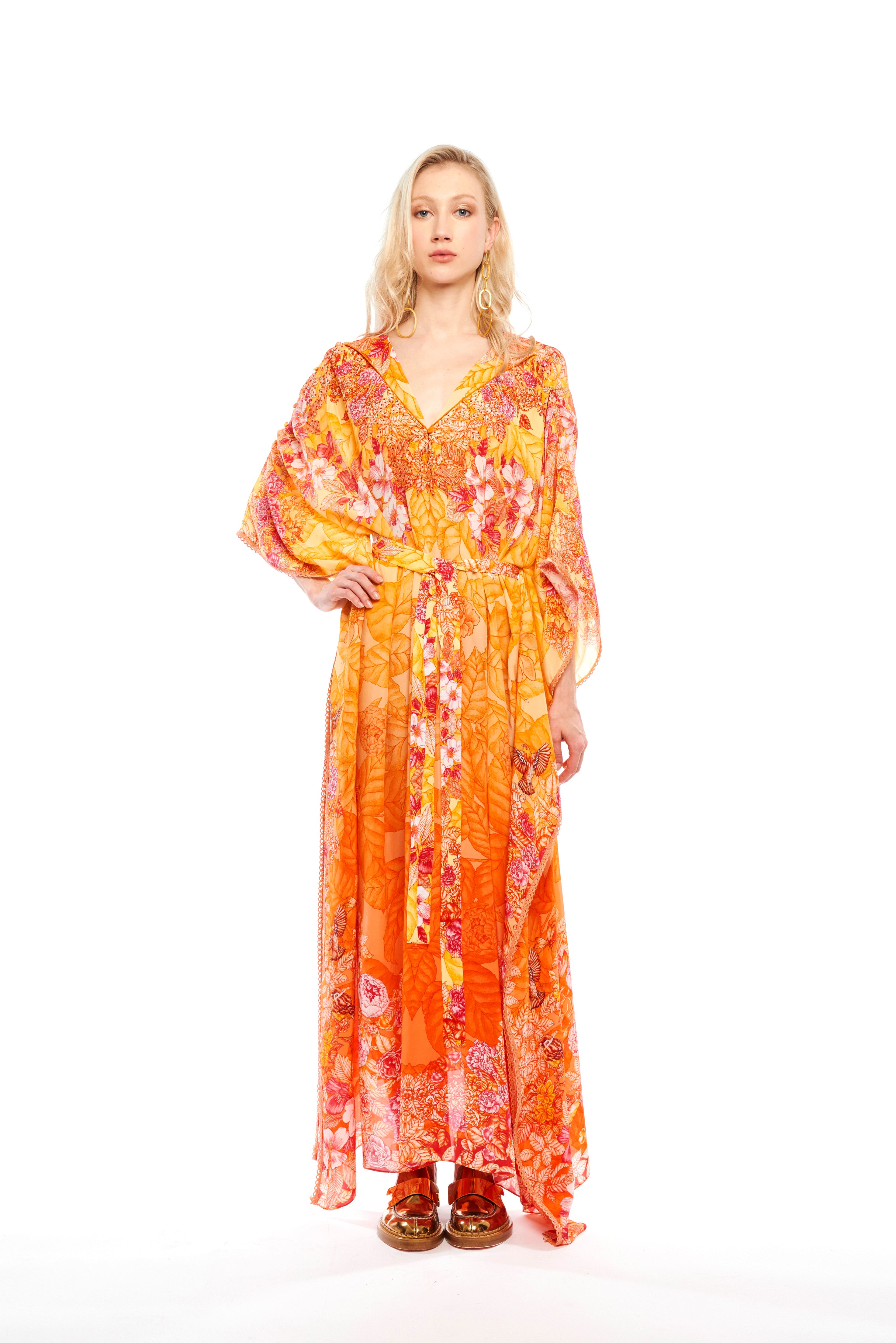 Fullness kaftan with collar detail in Garden Orange print, natural crepe
