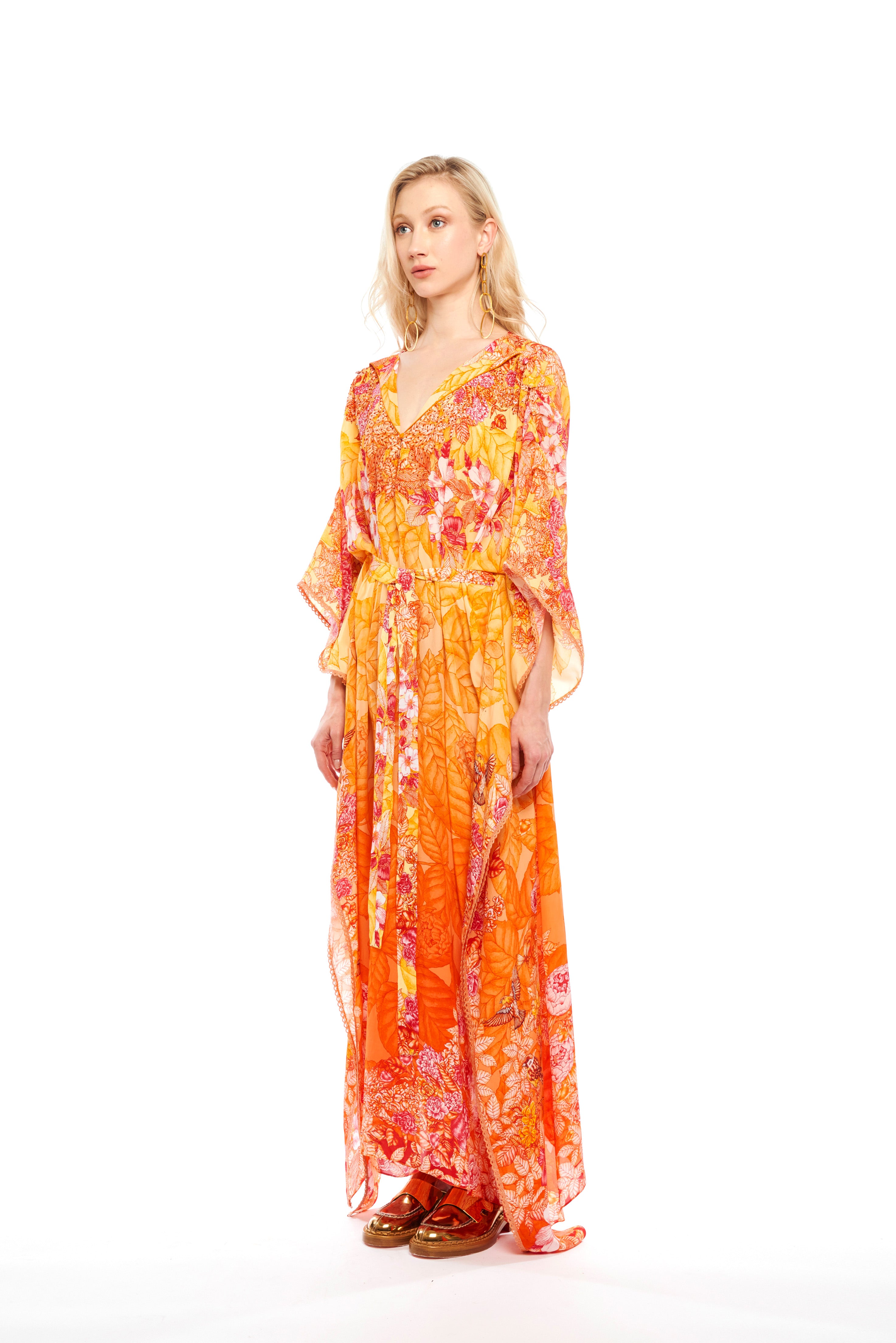 Fullness kaftan with collar detail in Garden Orange print, natural crepe
