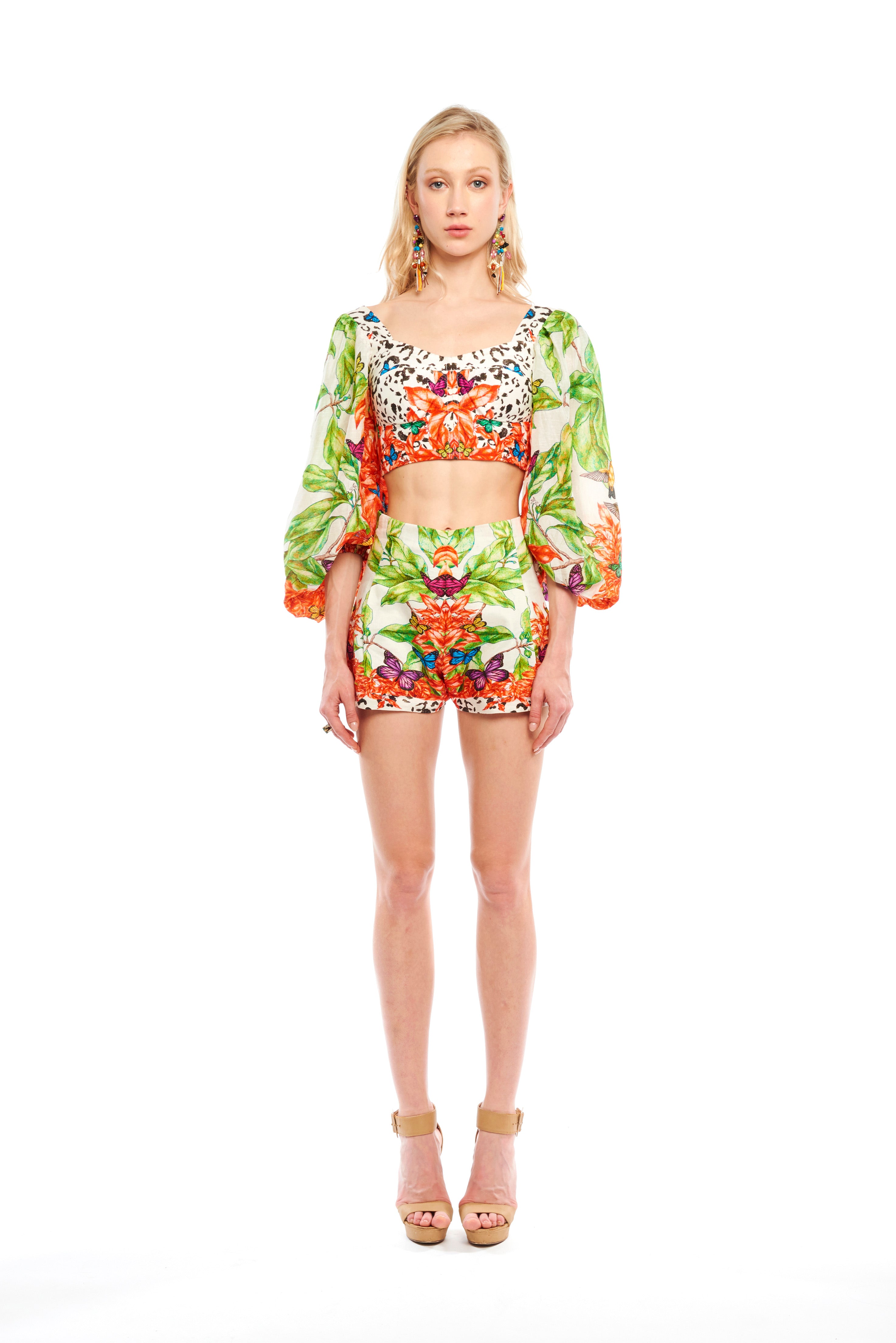 A-shape shorts in Jungle Sunset print, linen satin