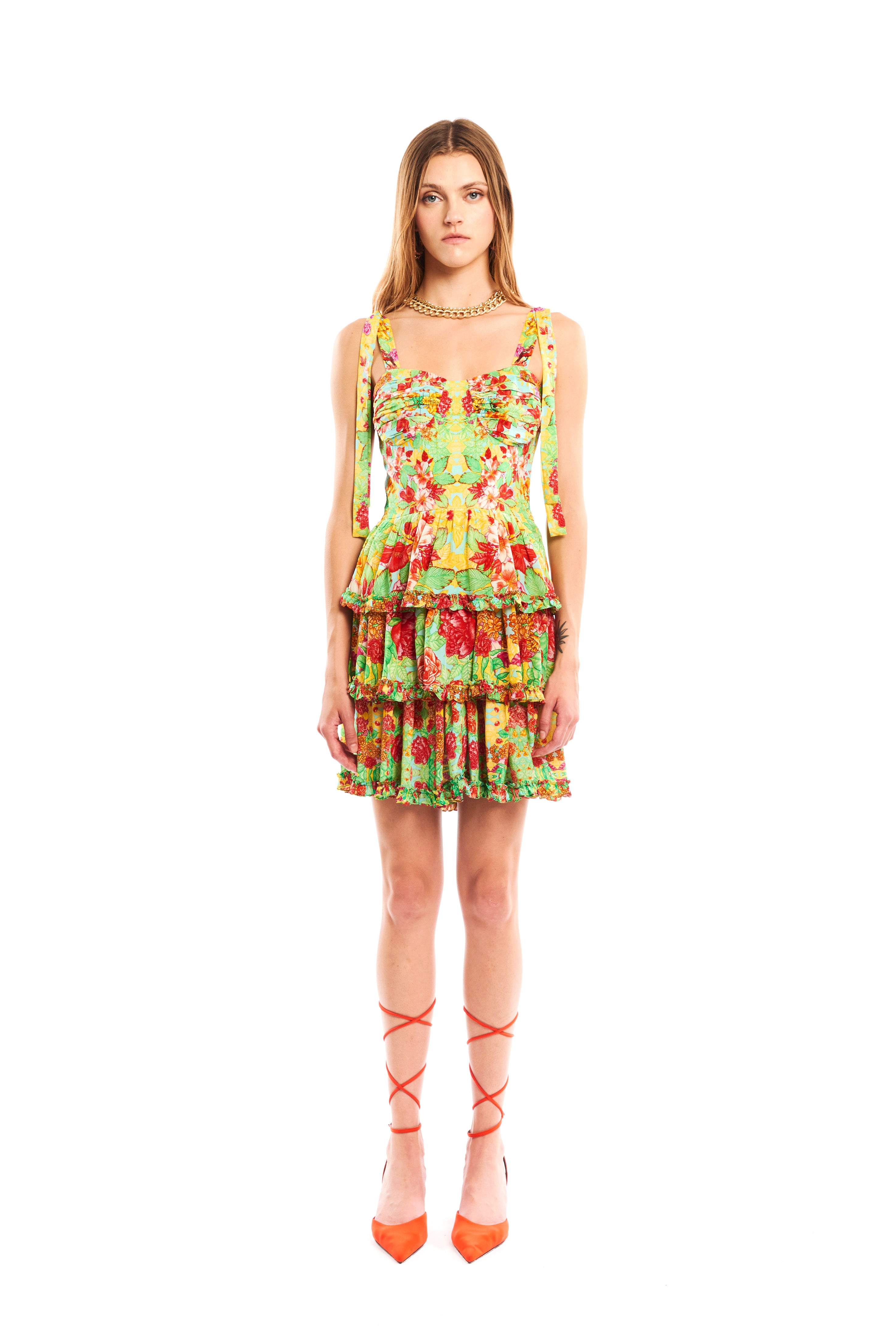 Sweetheart mini ruffles short dress in Garden Green print, natural crepe