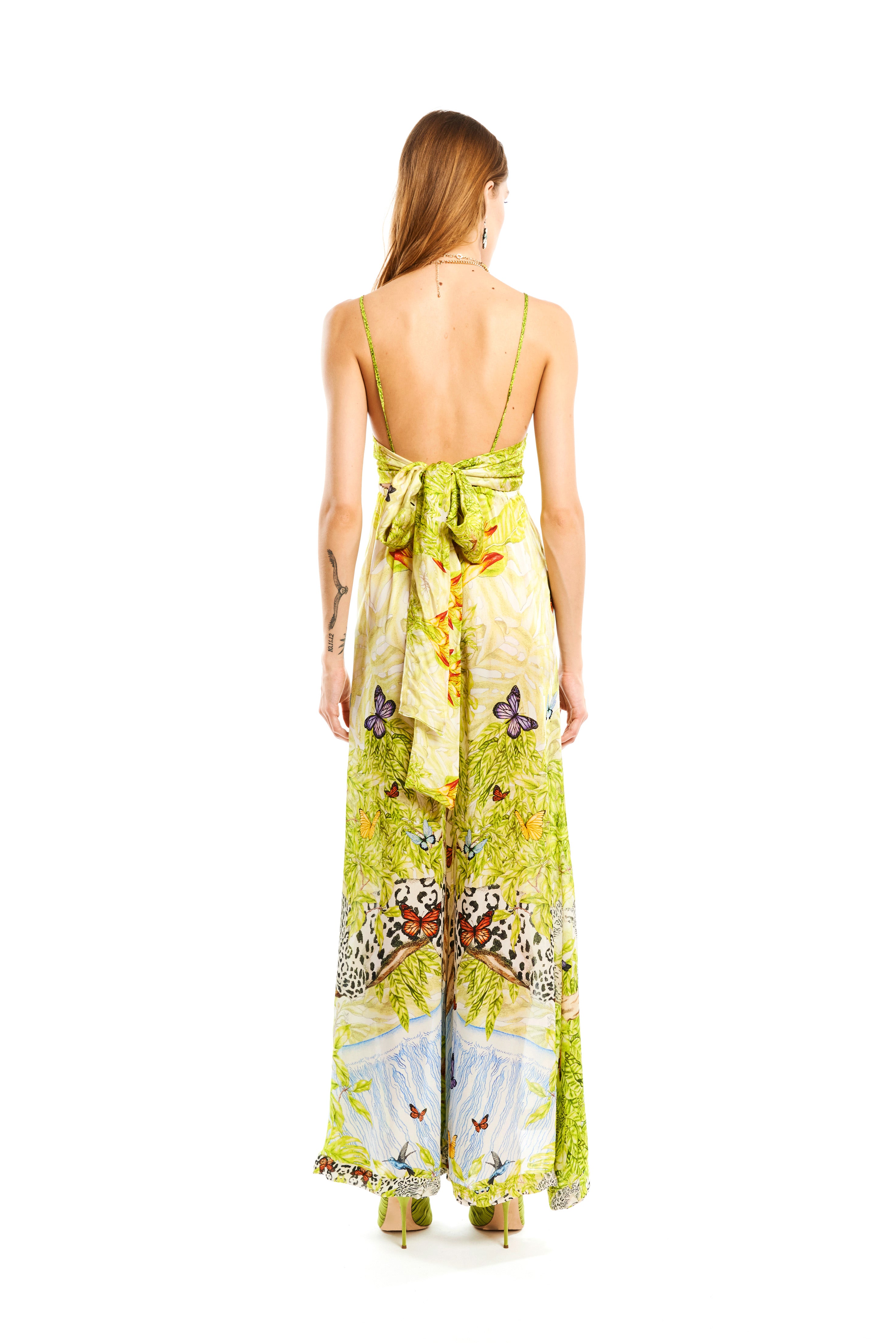 Lacing long jumpsuit in Jungle Day print, Cherry satin