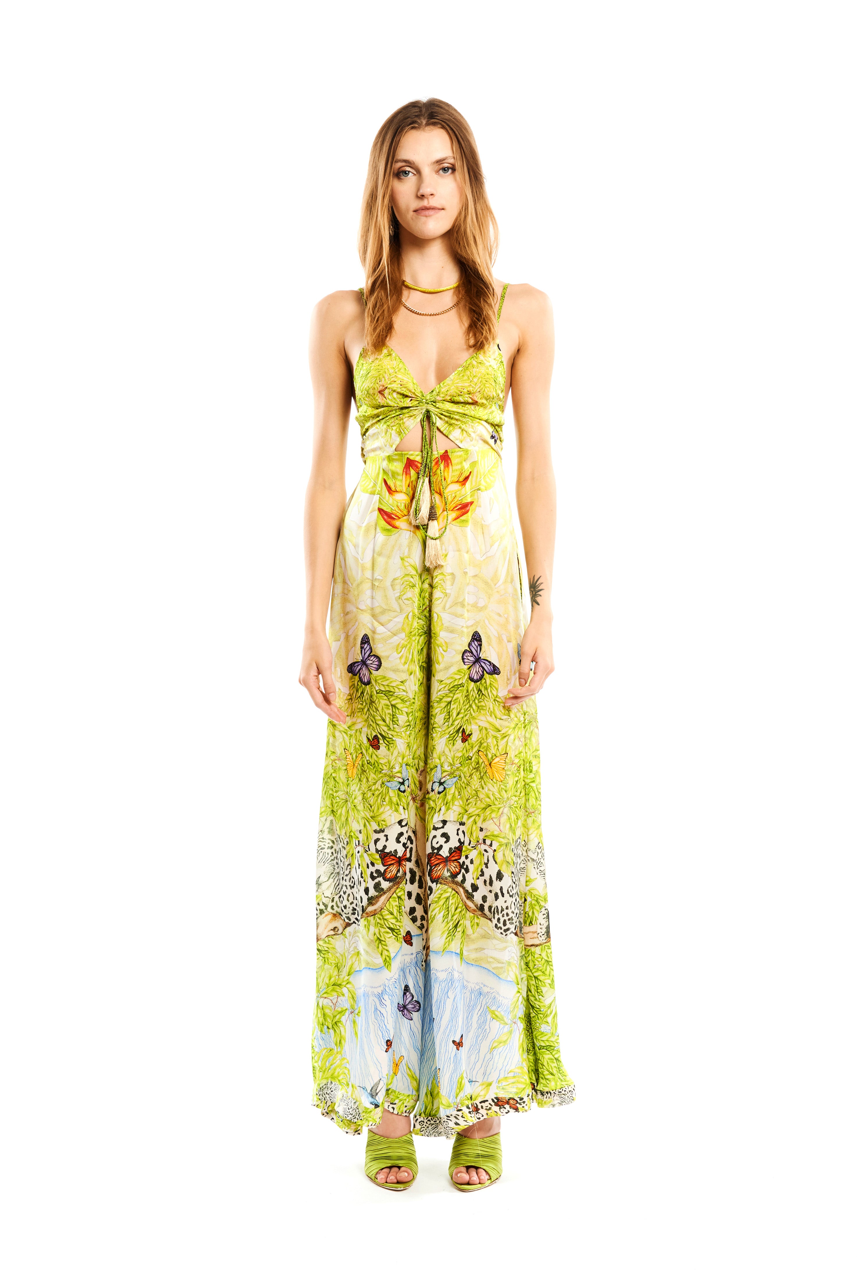 Lacing long jumpsuit in Jungle Day print, Cherry satin