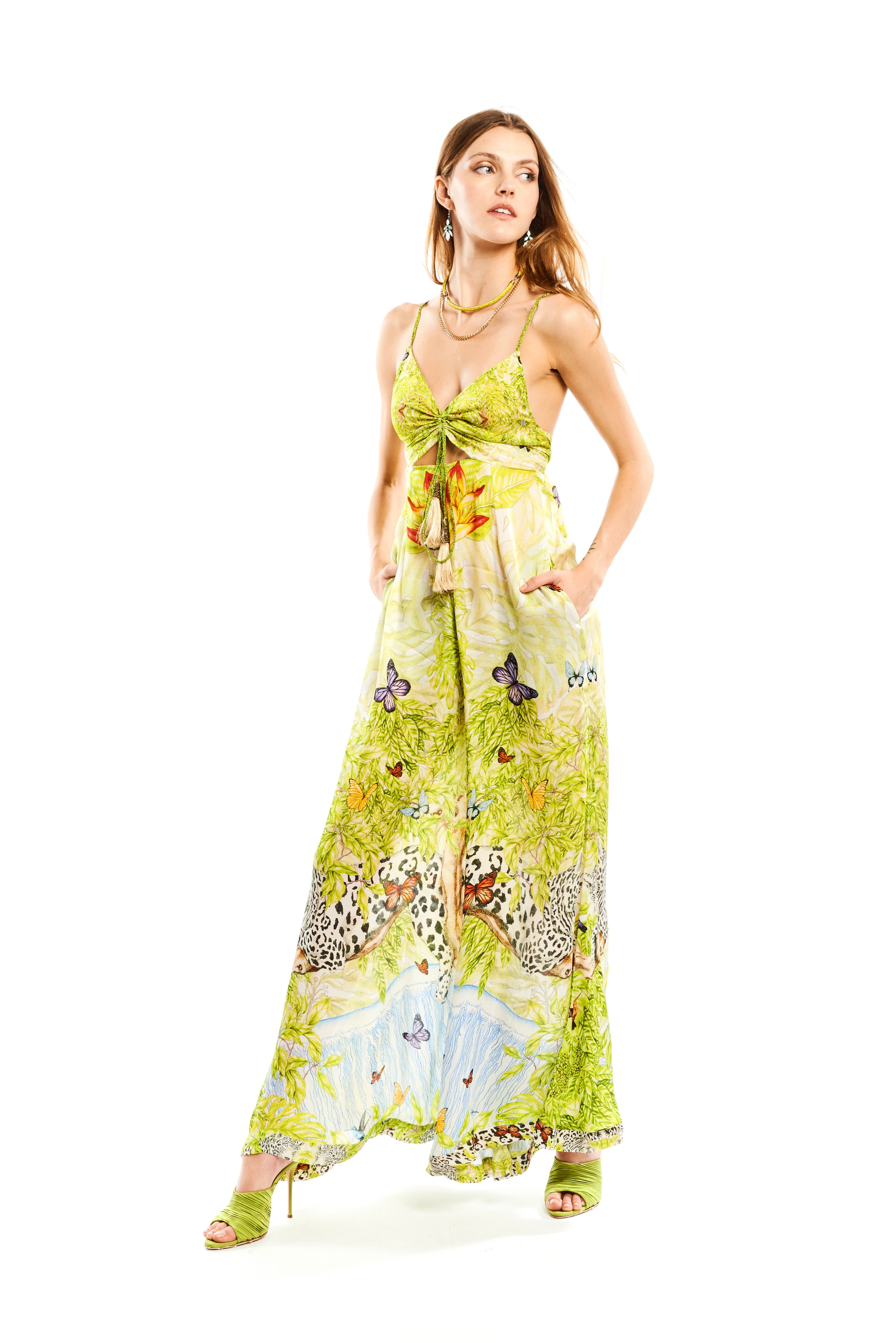 Lacing long jumpsuit in Jungle Day print, Cherry satin