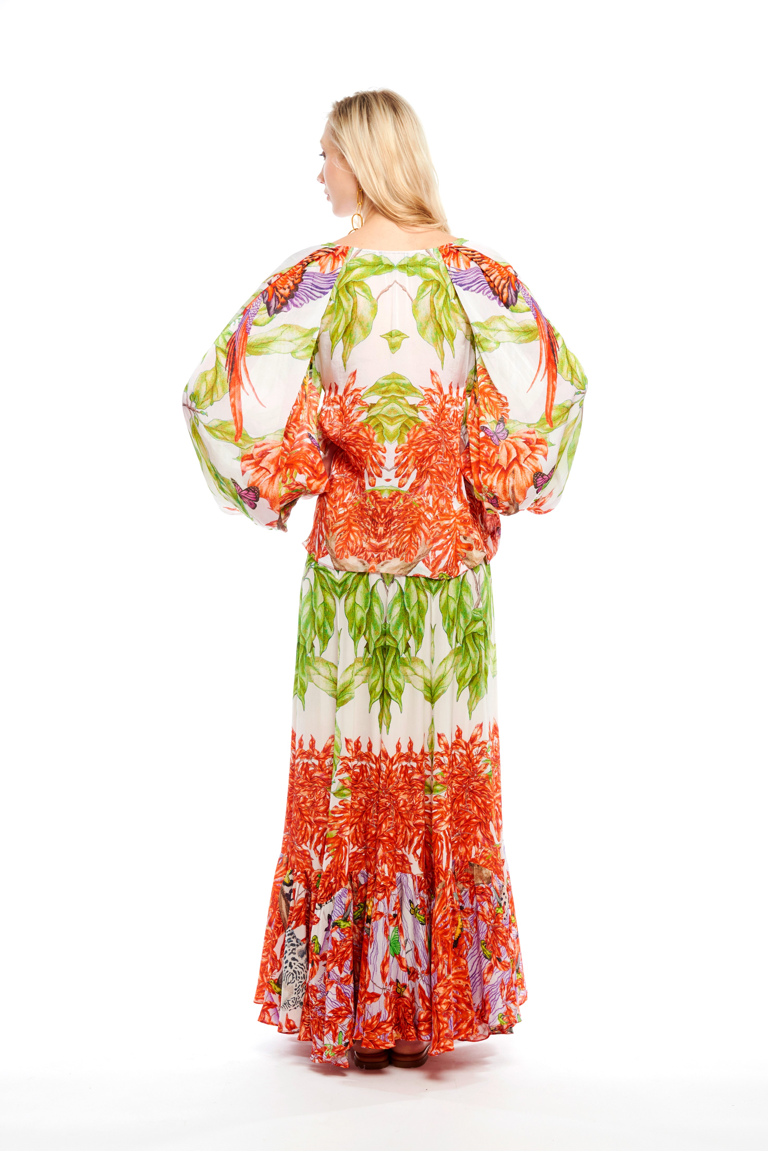 Long ruffled skirt in Jungle Sunset print, natural crepe