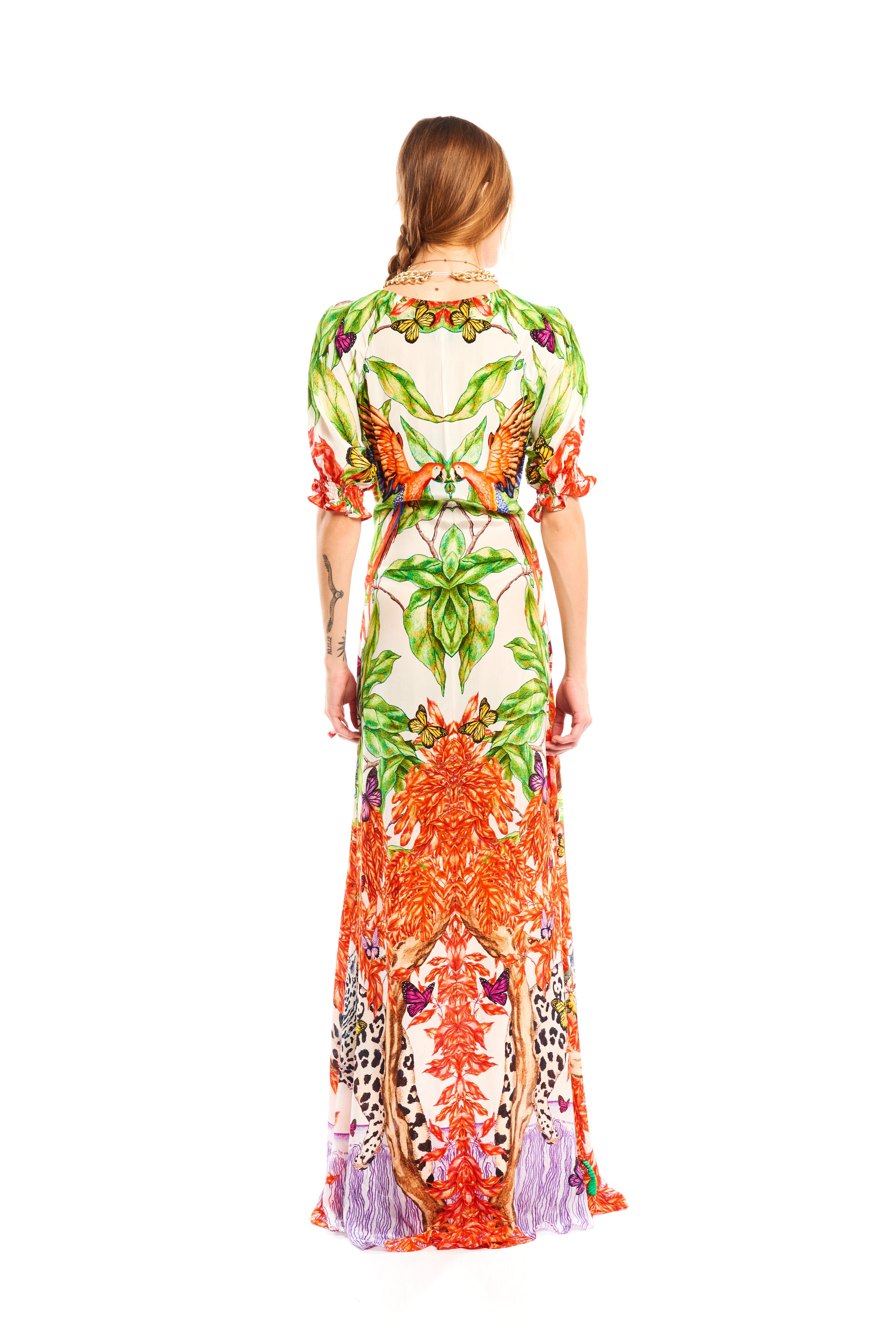 Bow knot short sleeves dress in Jungle Sunset print, natural crepe