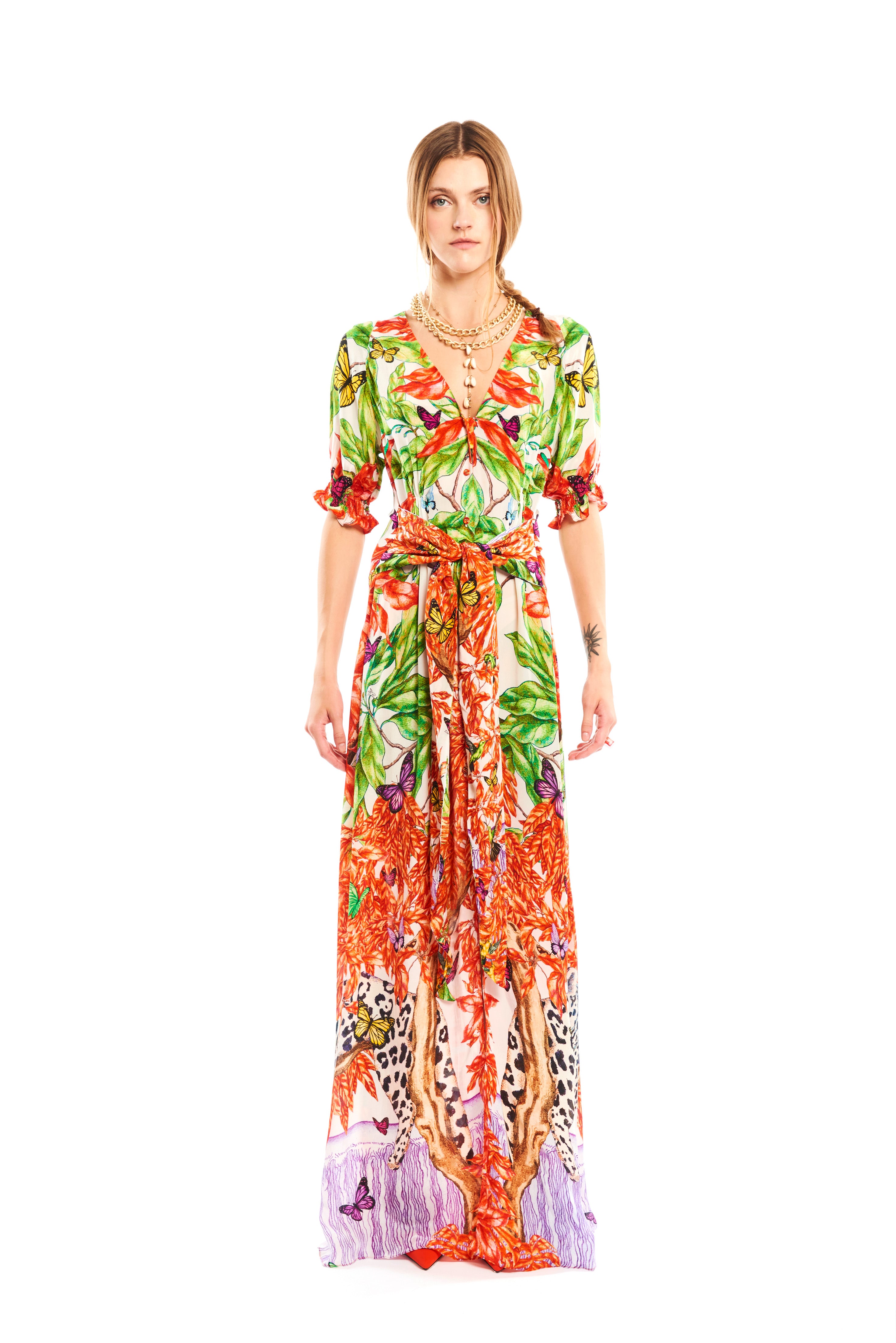 Bow knot short sleeves dress in Jungle Sunset print, natural crepe