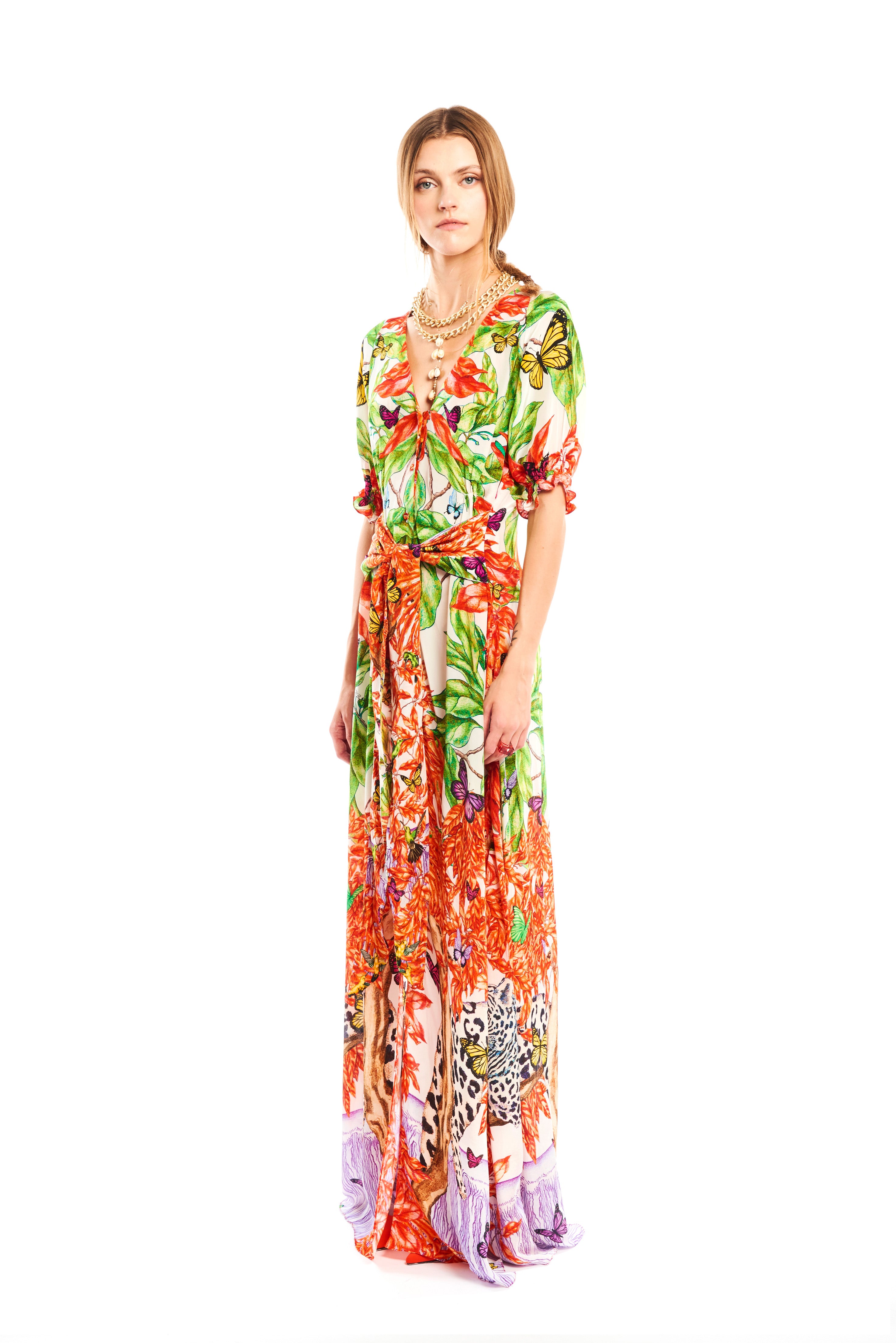 Bow knot short sleeves dress in Jungle Sunset print, natural crepe