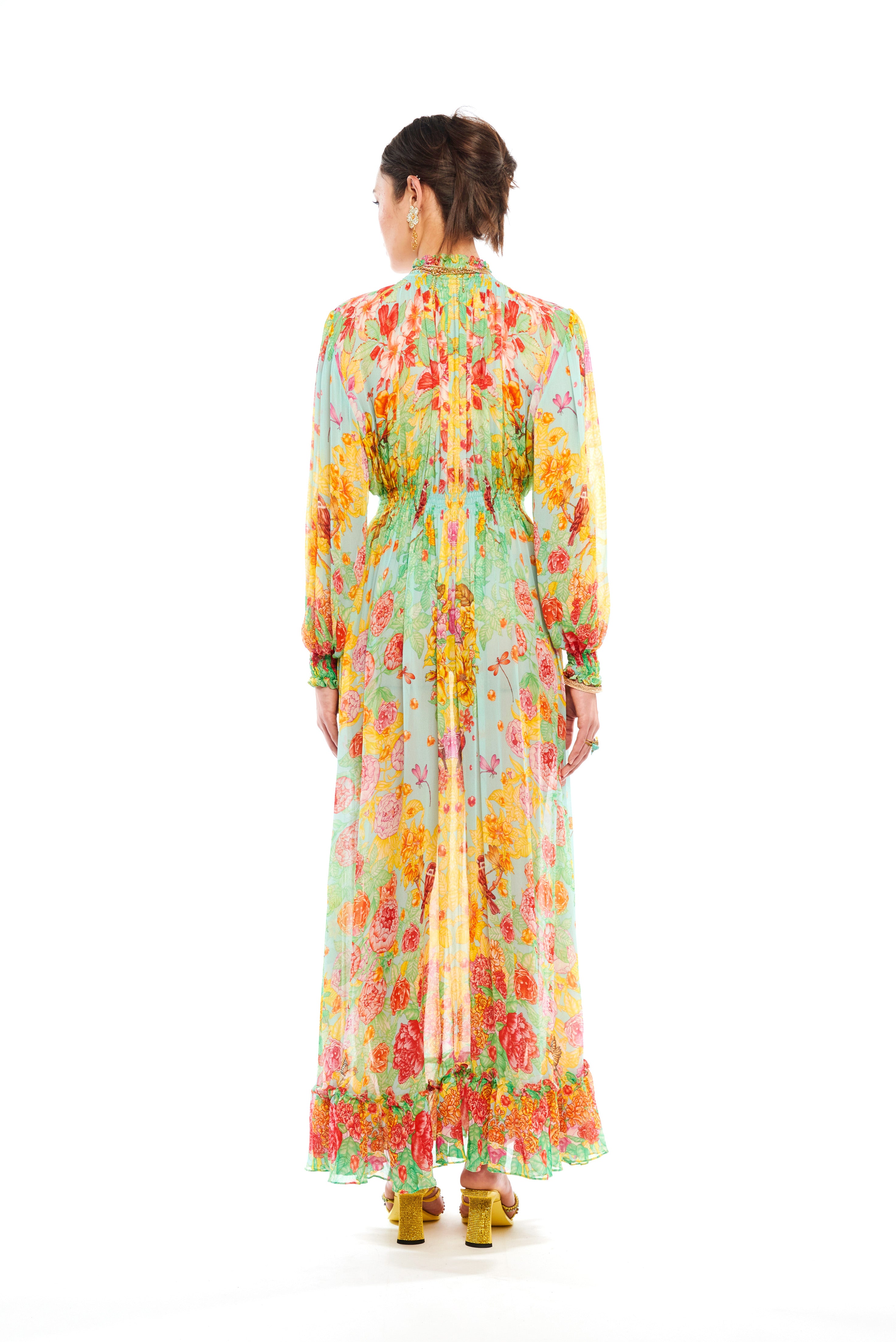 Long choker dress in Garden Green print, georgette viscose