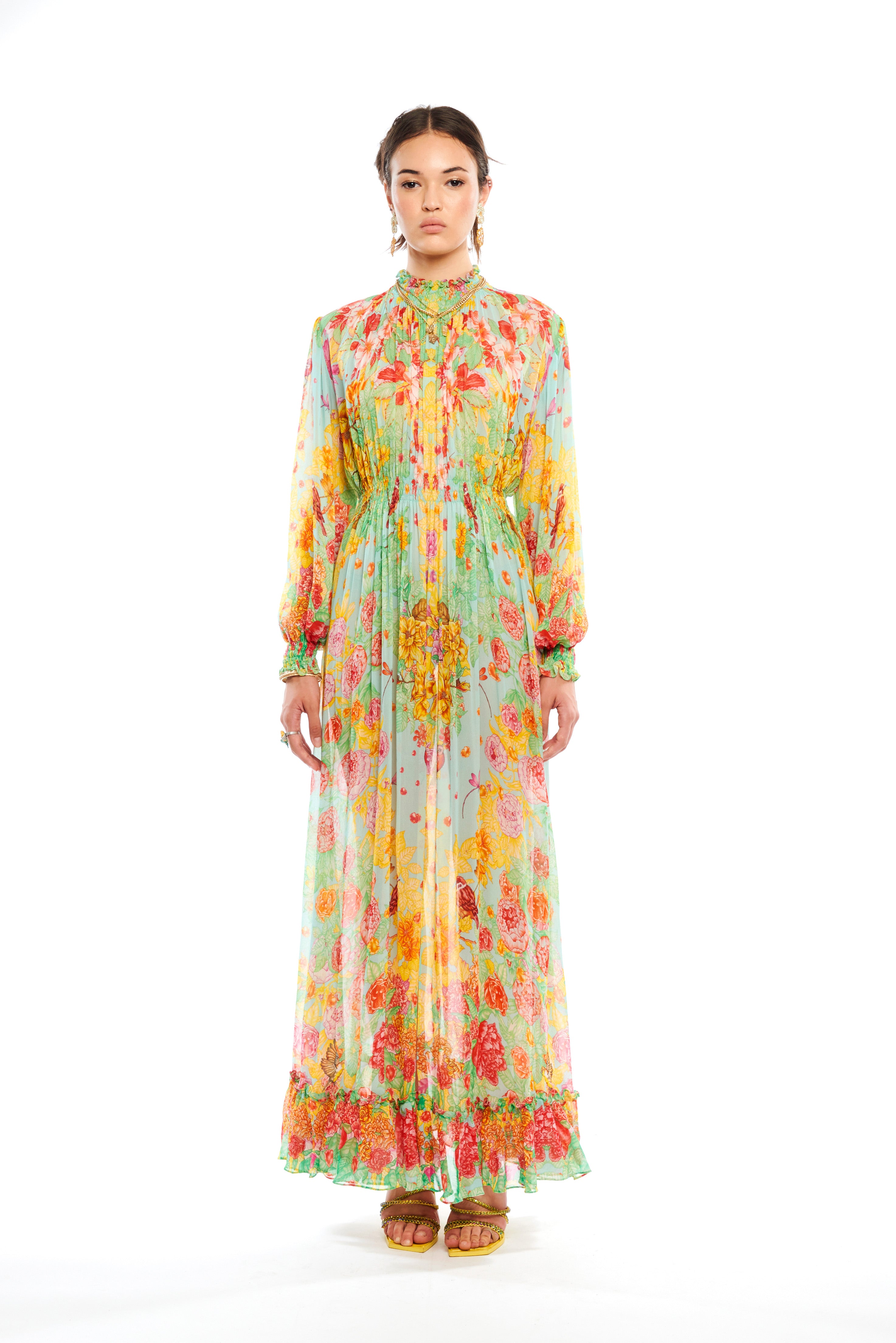 Long choker dress in Garden Green print, georgette viscose