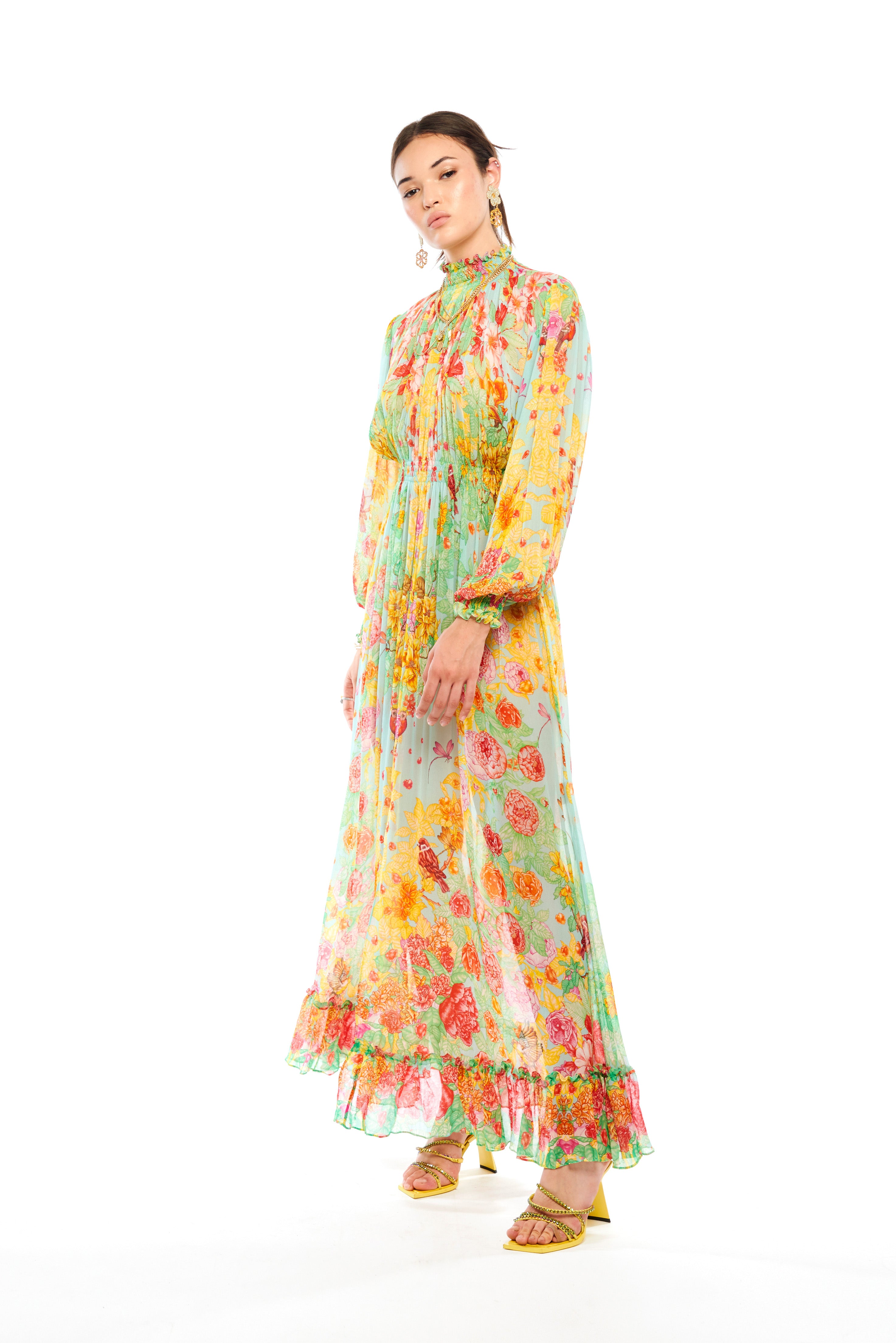 Long choker dress in Garden Green print, georgette viscose